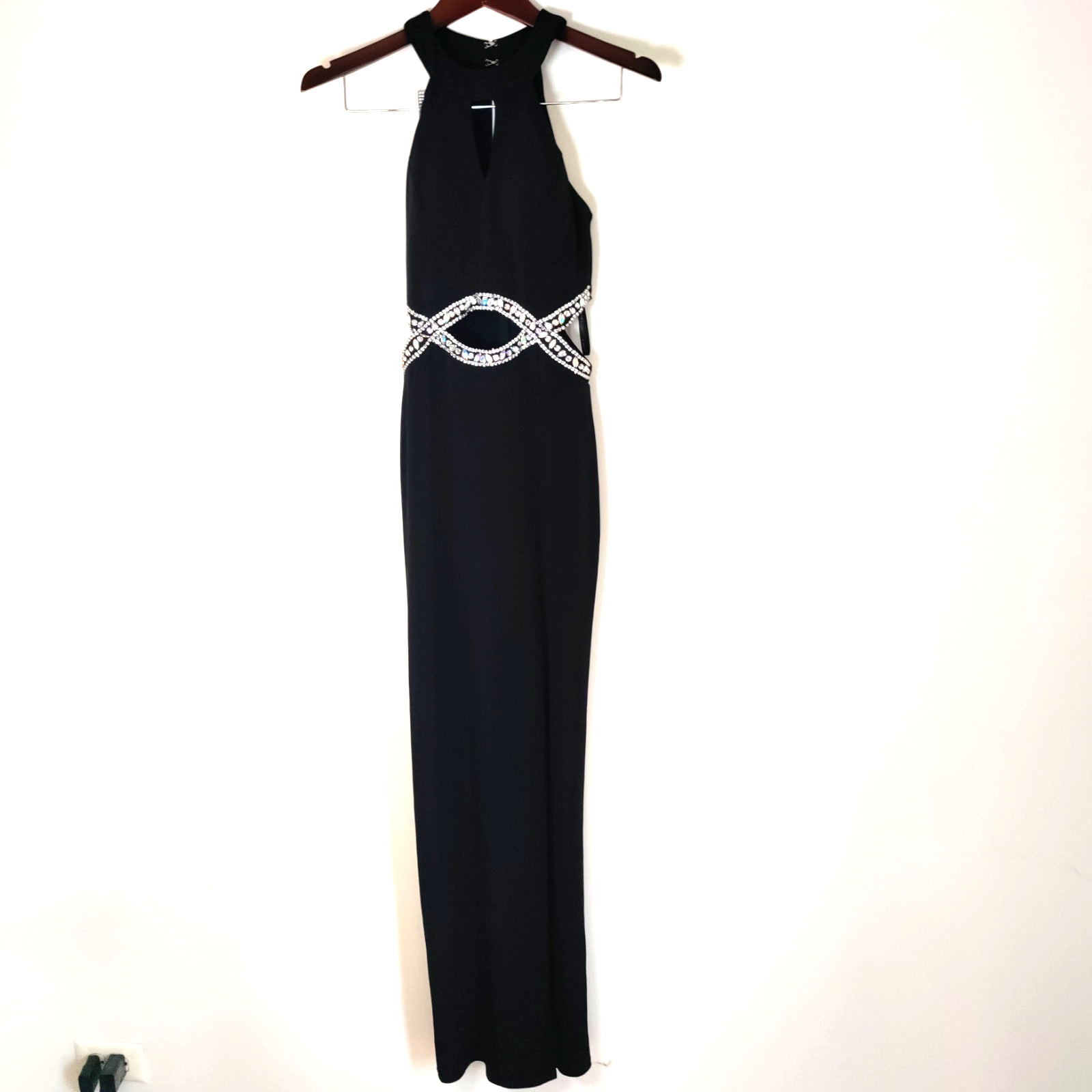 Formal Halter-Neck Cutout Bejeweled Black Prom Sexy High Split Dress Y2K Women 3