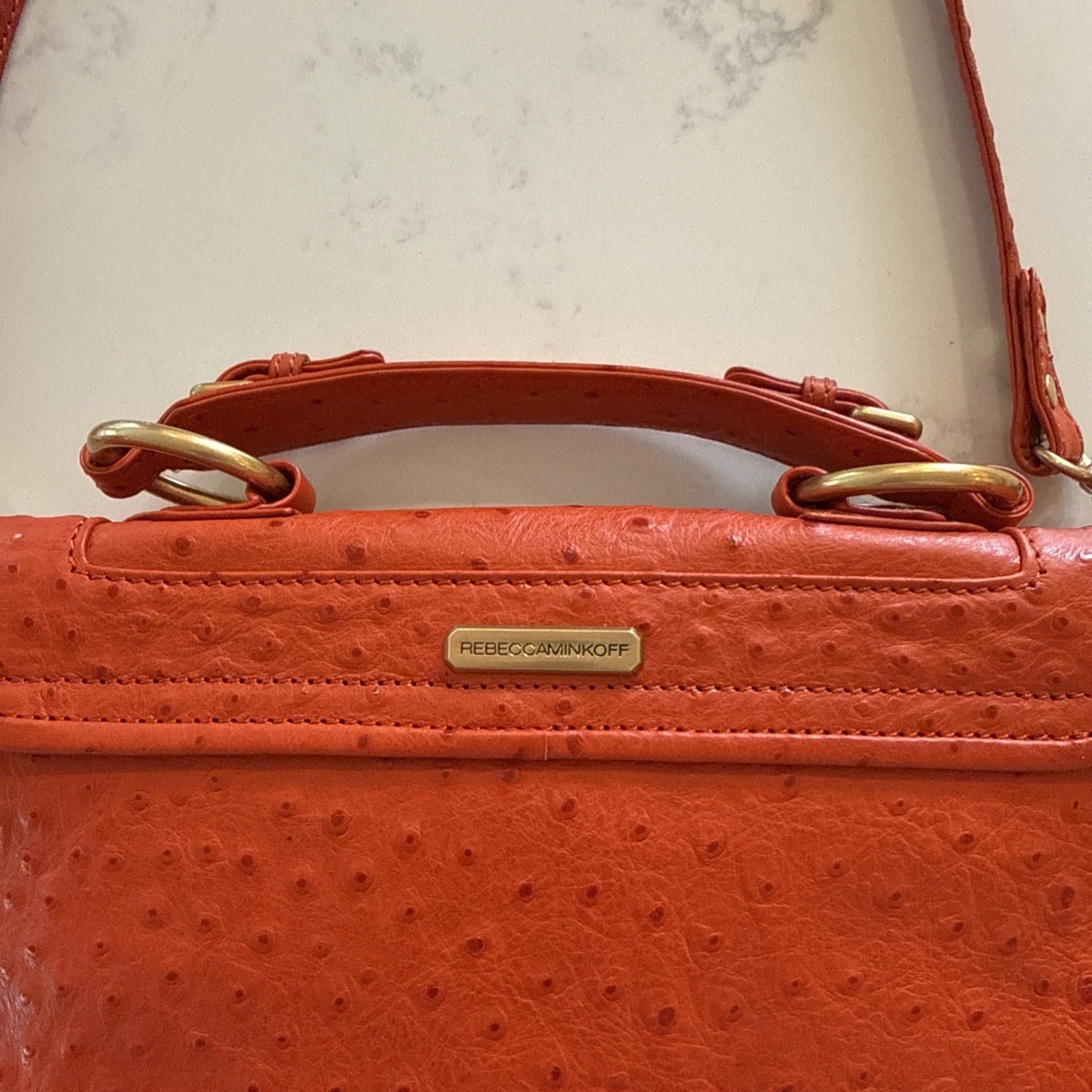 Rebecca Minkoff Covet Satchel Persimmon Ostrich-Embossed Leather NWT H163B24P