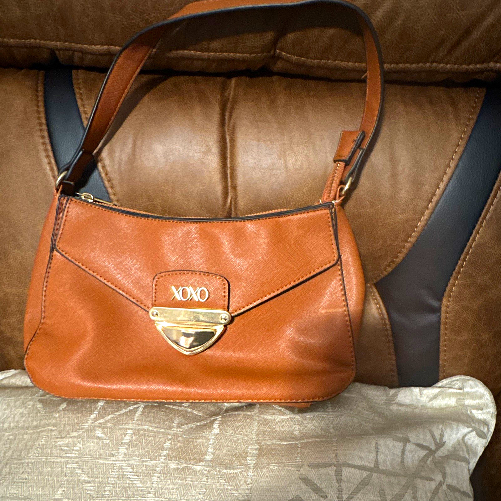 XOXO Brown Small Shoulder Bag Turn Lock Flap Logo Buckle Accent Gold Hardware