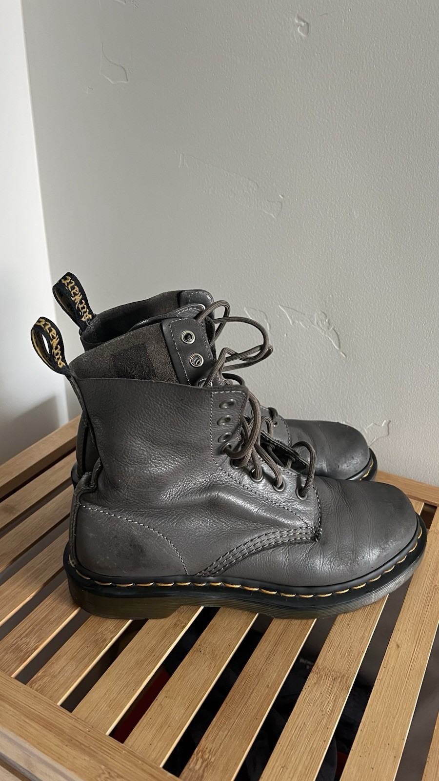 Dr. Martens Woman’s Gray Leather Lace-Up Ankle Combat Boots Round Toe