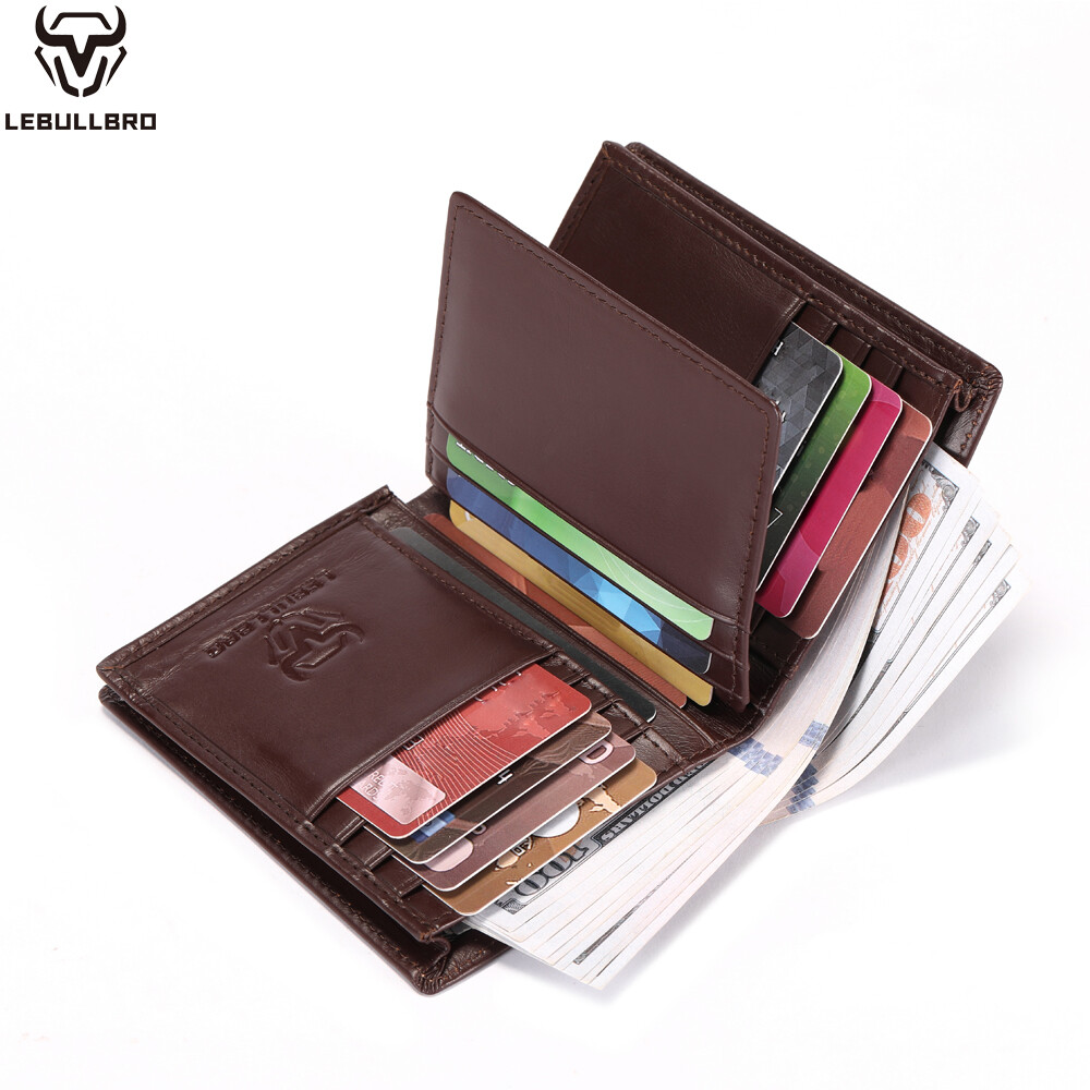 Mens Cowhide Leather Wallet RFID Blocking ID Card Holder Coin Purse Thicken New