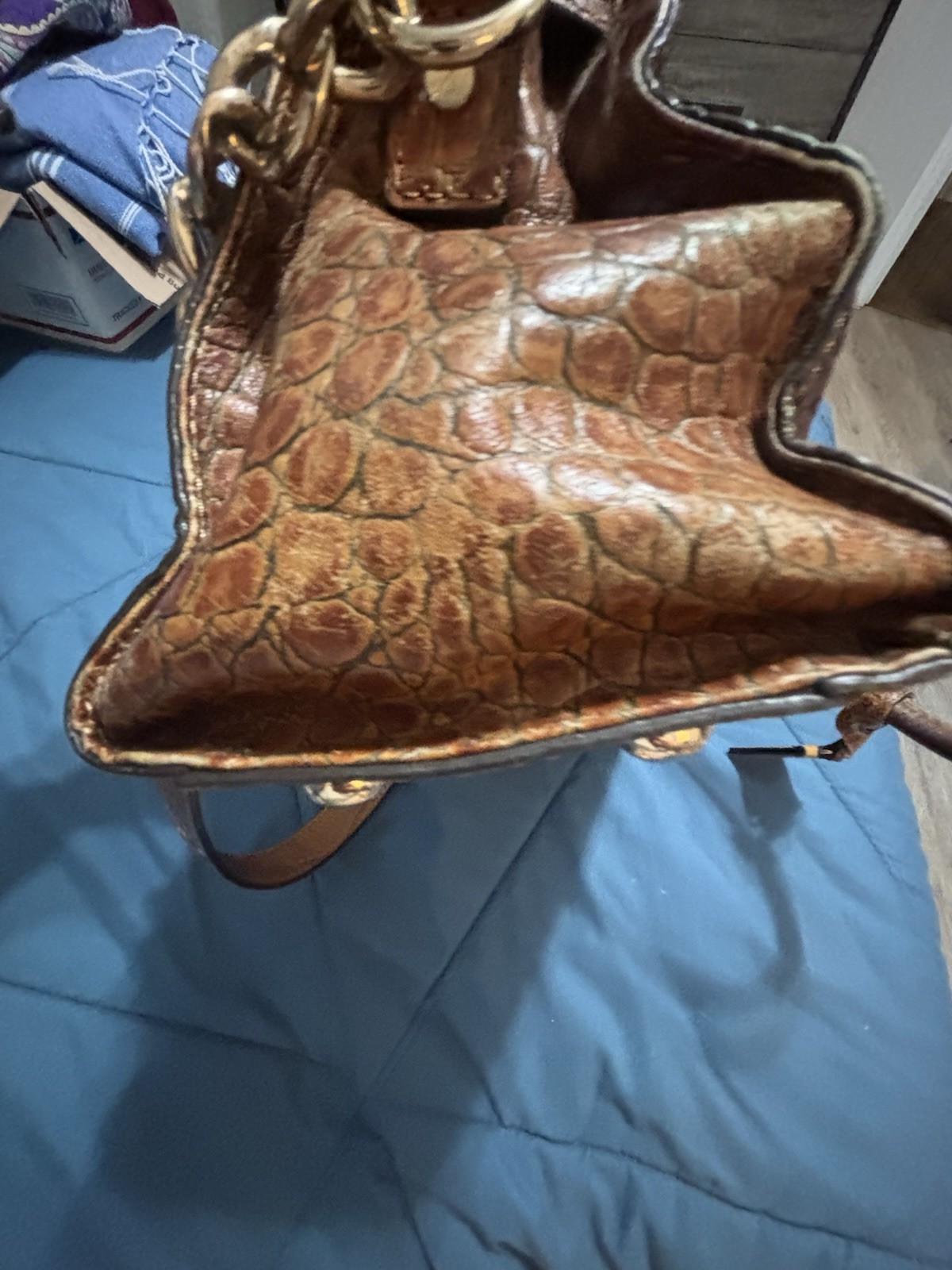 Michael Kors Brown Croc Embossed Satchel Top Handle Chain Strap Snap