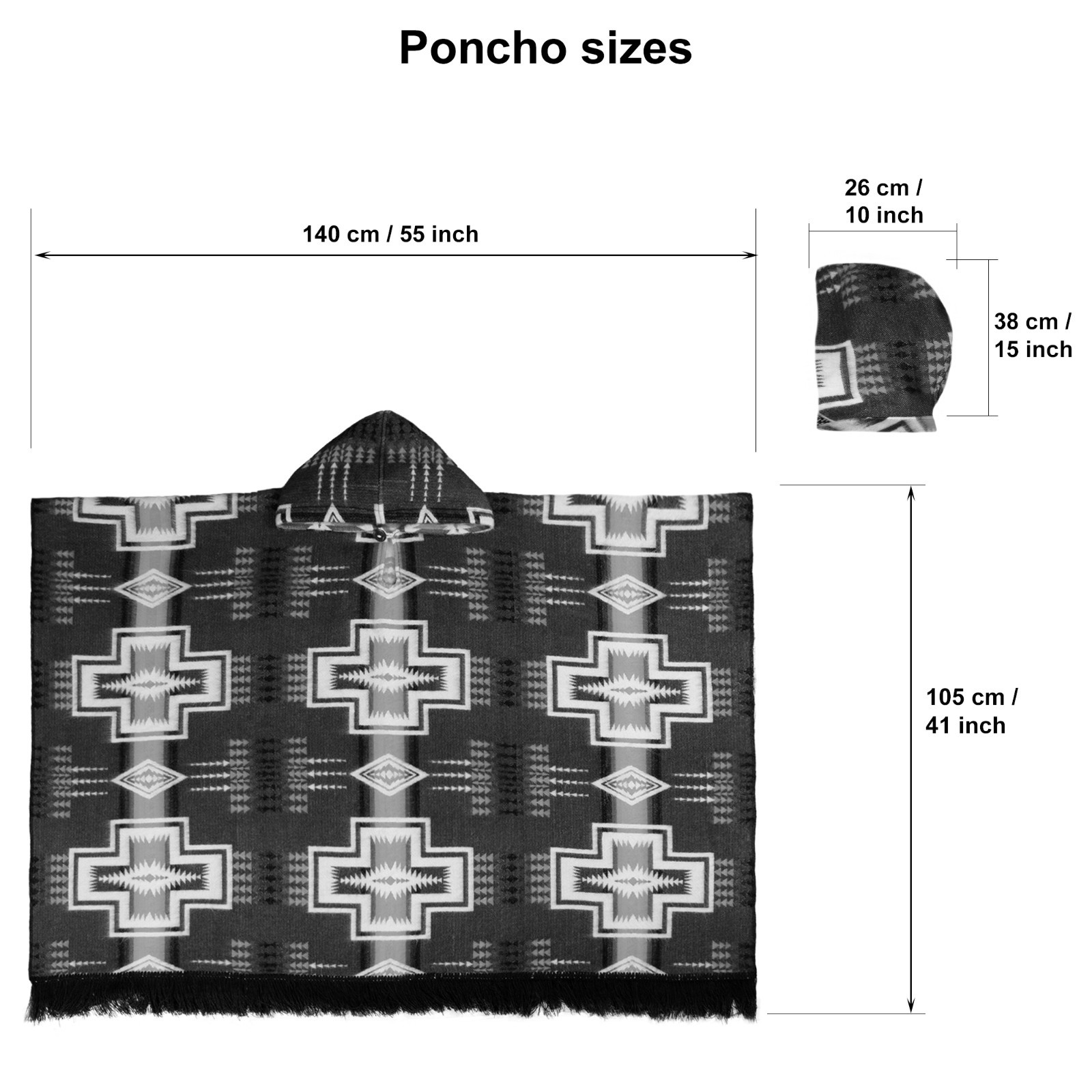 ALPACA WOOL HOODED PONCHO AZTEC SOUTHWEST BOHO UNISEX ONE SIZE S-XXL