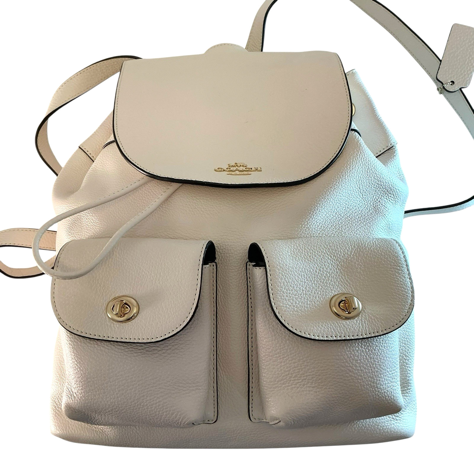 COACH Billie Backpack Pebbled Leather Chalk White Coach Bag Drawstring, Dust Bag