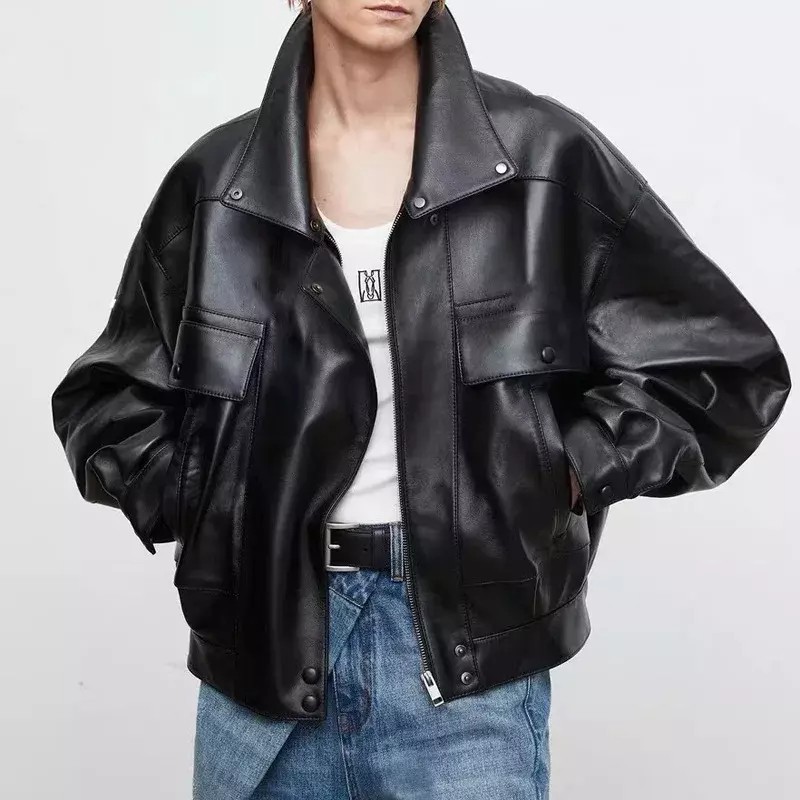 Oversized Black Genuine Leather Bomber Jacket Cargo Pockets Women S M L XL – 217