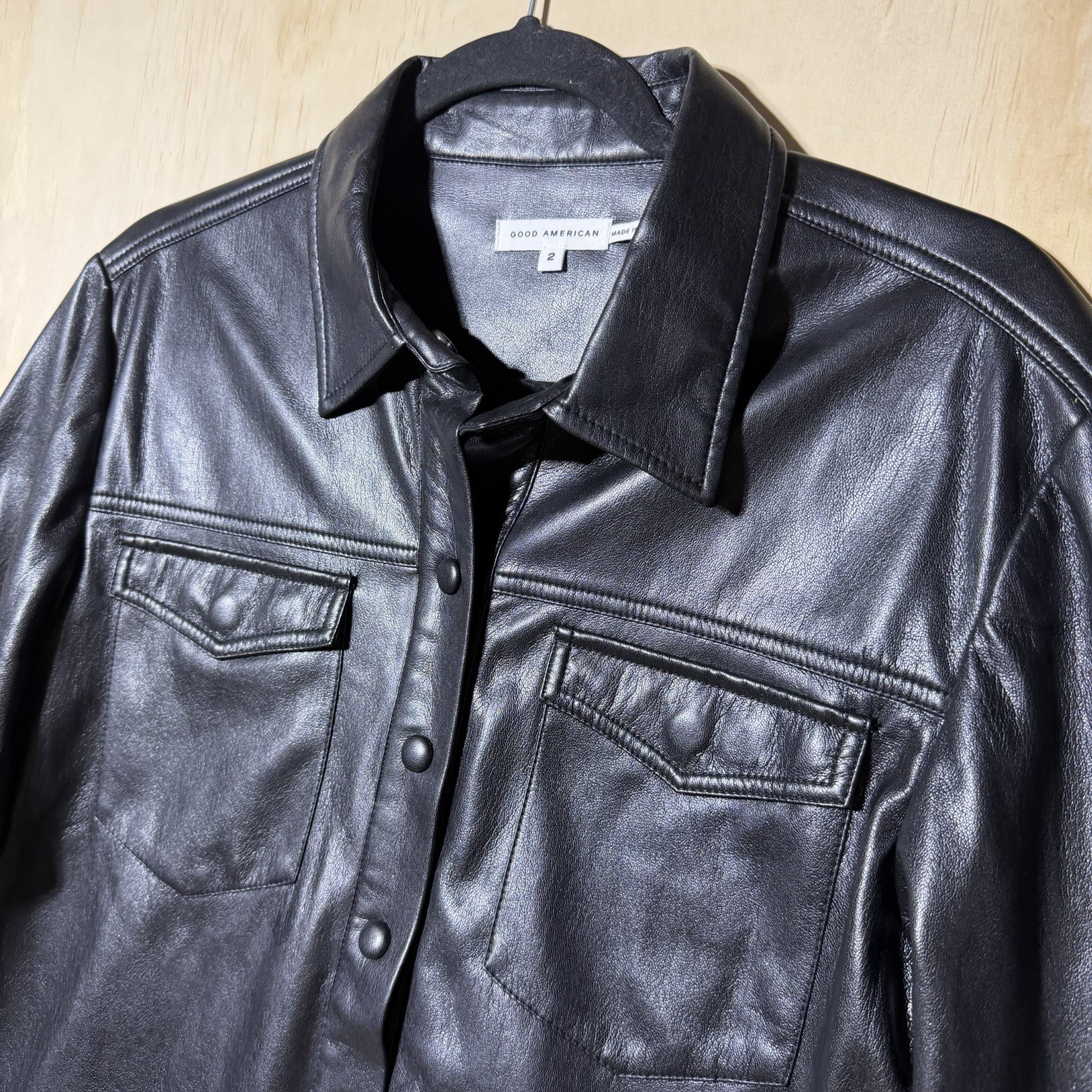 Good American Faux Leather Shirt Jacket Black Snap Button Women Sz 2