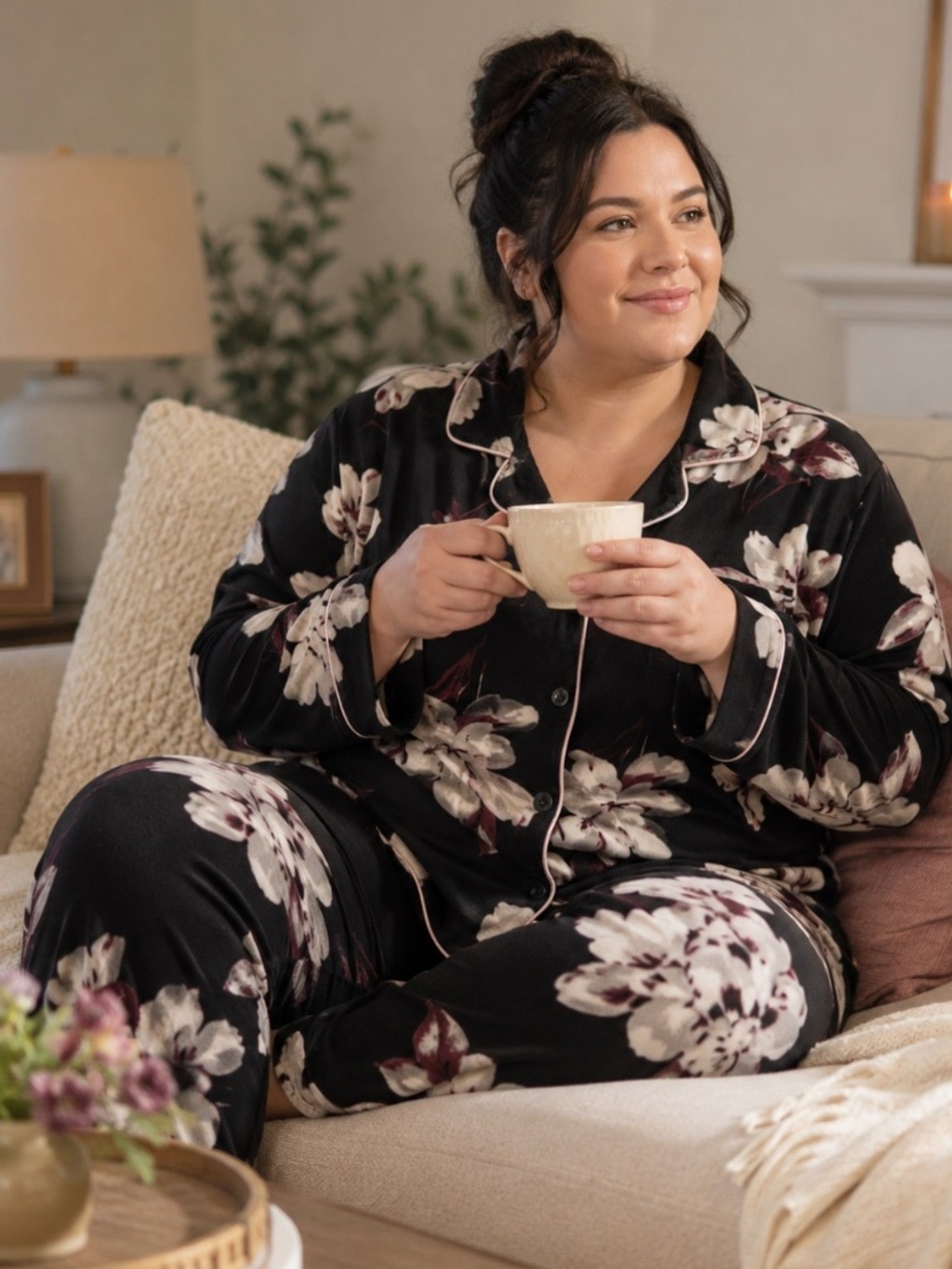 Joyspun 2X Black Floral Pajamas Women’s Plus Size Soft Knit Lounge Sleep Set