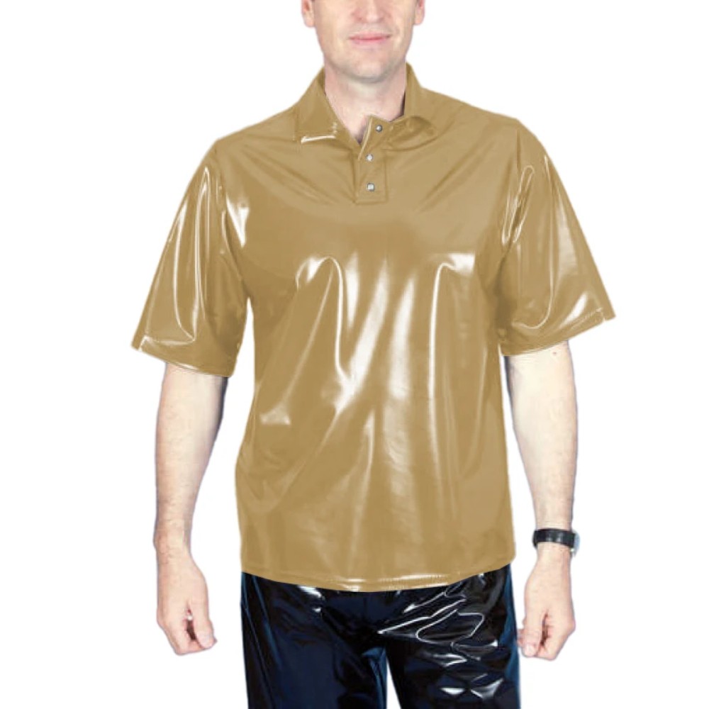 Men’s PVC Wet Look T-Shirt Turn Down Neck Button Everyday Wear Casual Loose Top