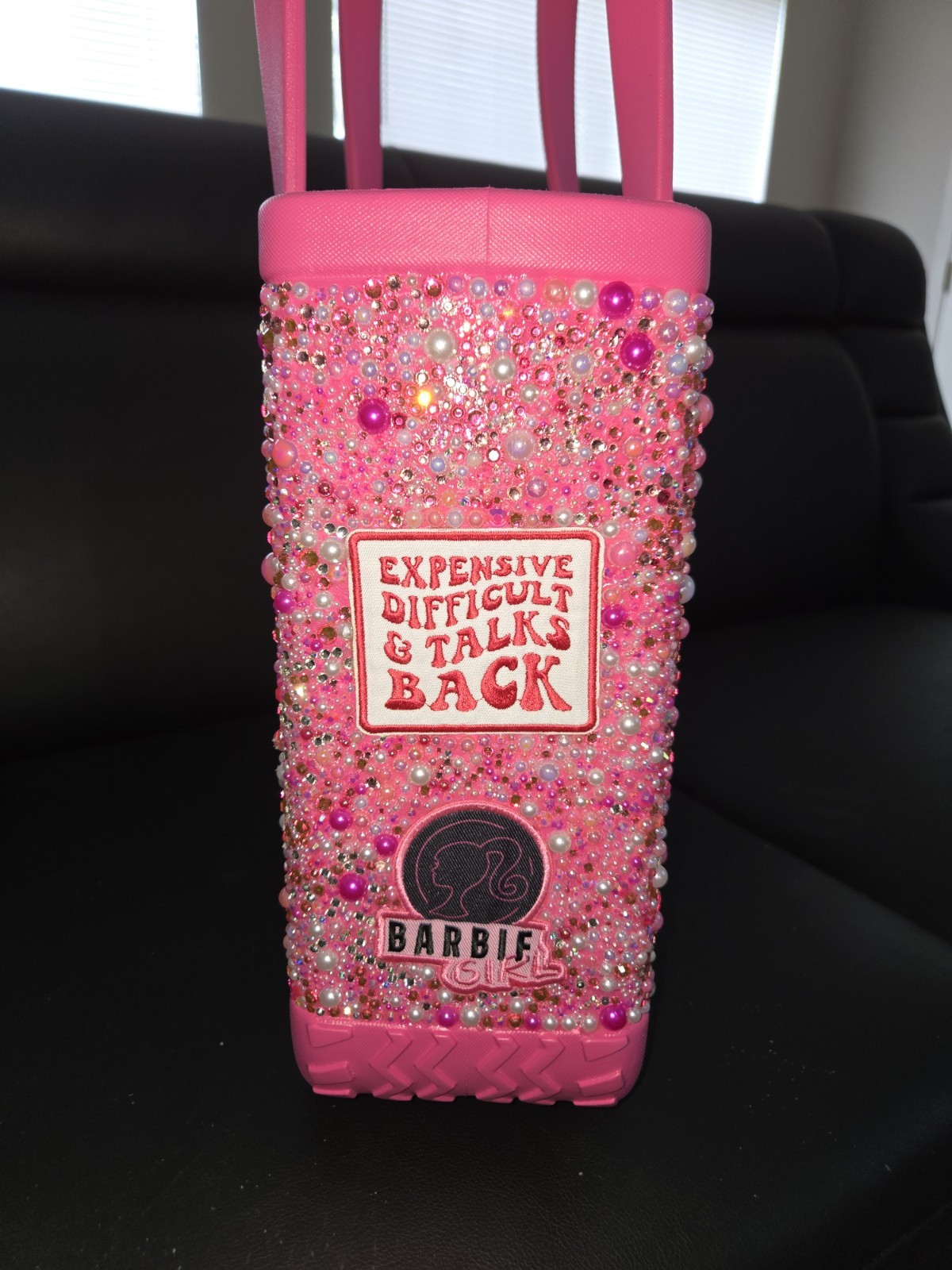 Bogg Bag Large Pink Tote Barbie Beaded Crystal Applique Pouch Inner Pockets
