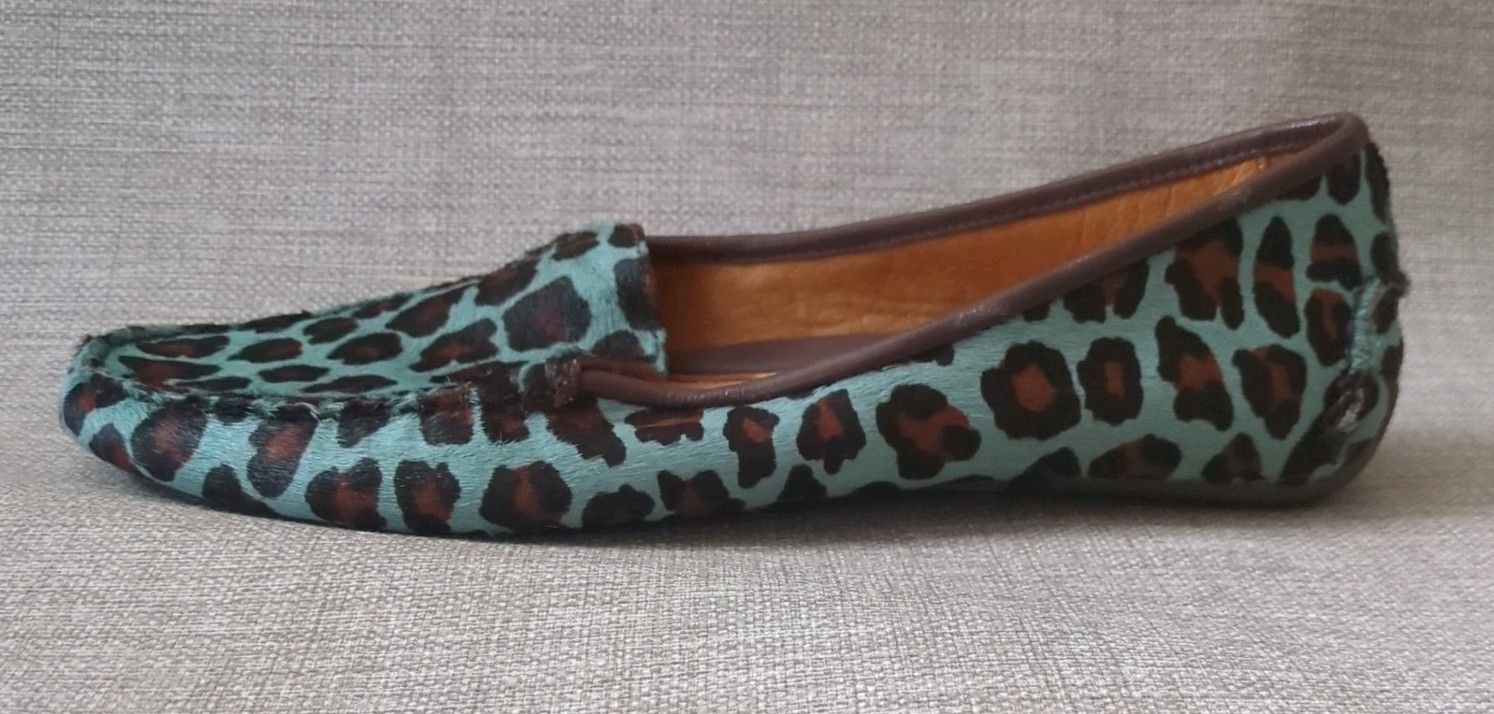 Patricia Green Jillian Driving Moccasin Teal Leopard Calf Hair Size 9.5W NEW