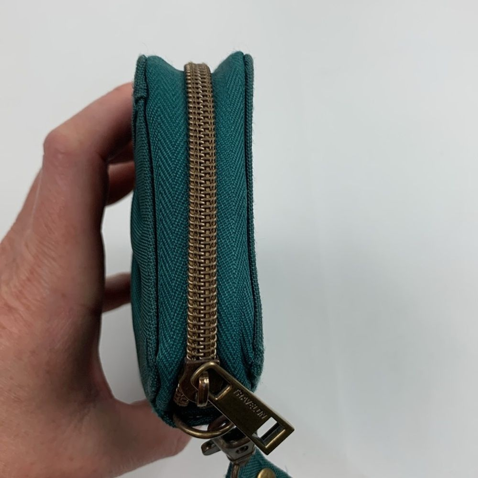 Travelon Dark Teal Green Clutch Wristlet wallet & brass Accents Zip around strap