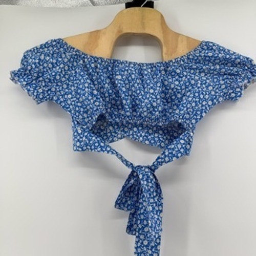 SHEIN Blue Floral Off The Shoulder Tie Back Crop Top Puff Sleeve Size M 6