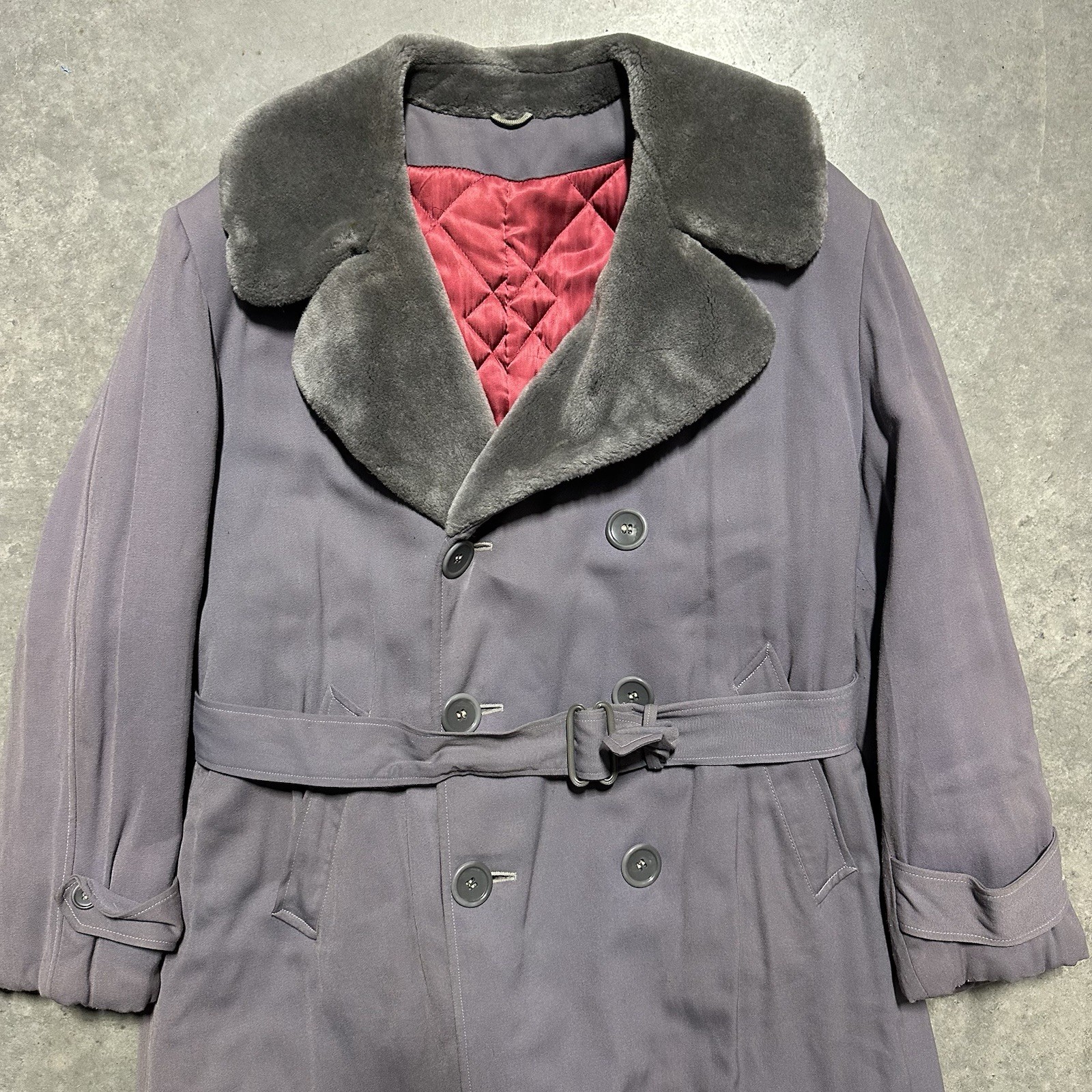 VTG 40s/50s Gabardine Double Breasted Fur Collar Long Coat Belted XL Rockabilly