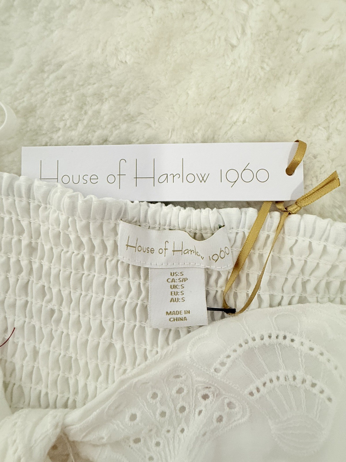 NWT House of Harlow 1960 White Eyelet Cotton Maxi Dress Smocked Back S