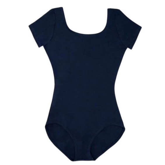 Danskin Adult Small Leotard Bodysuit Navy Blue Short Sleeve Scoop Neck Dance