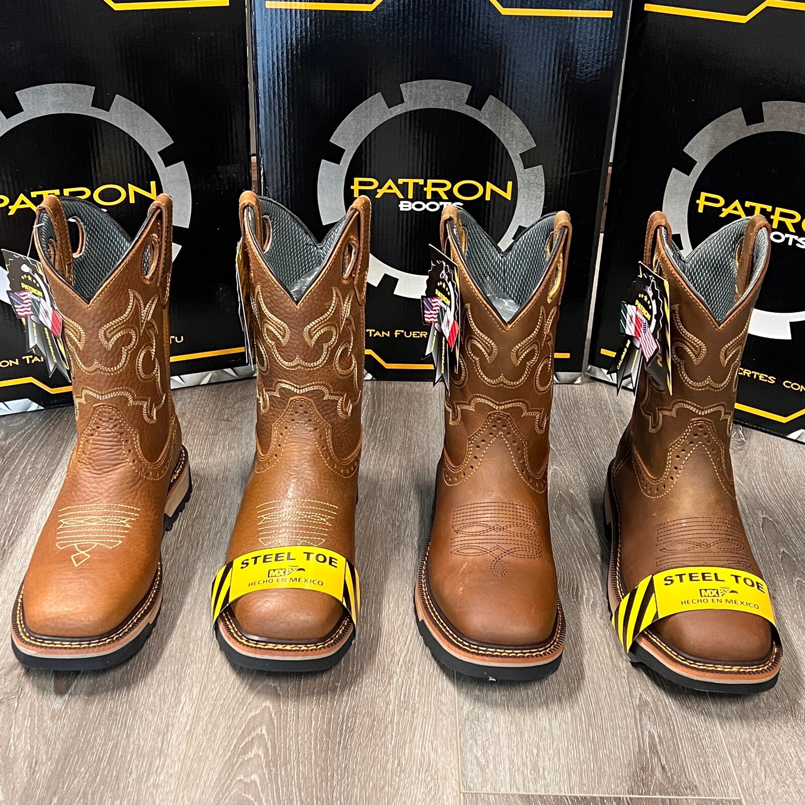 MEN’S CRAZY TAN SQUARE TOE WORK BOOTS COWBOY SOFT & STEEL TOE PULL ON BOTAS