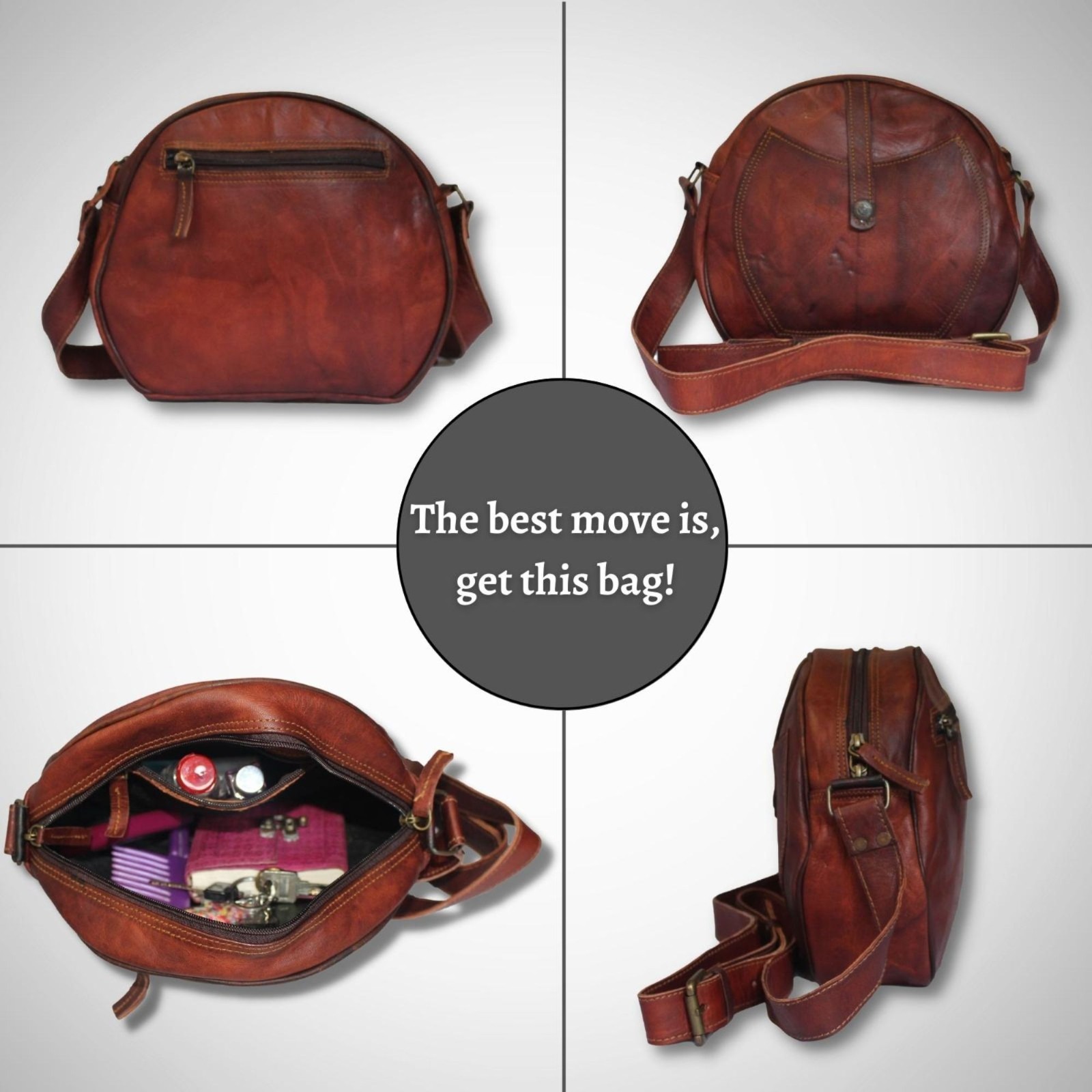 Madosh Womens Genuine Leather Half Circle Round Crossbody Shoulder Hobo Handbag
