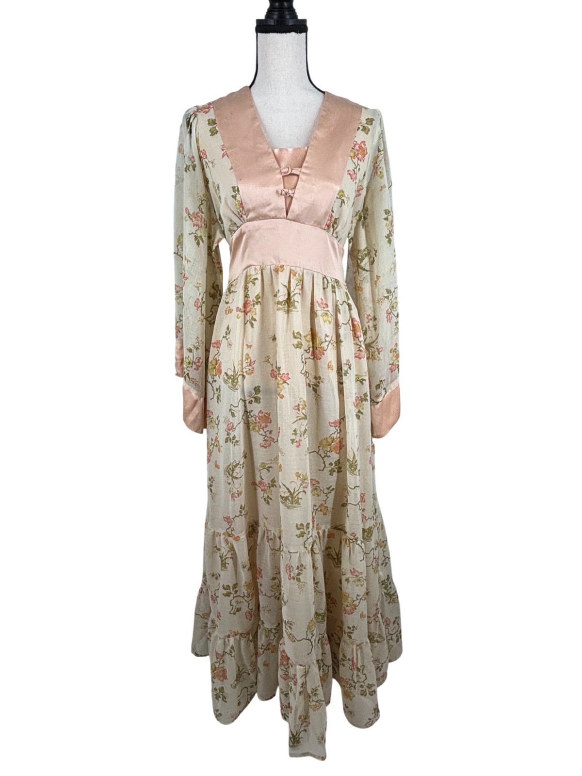 70s Rare Gunne Sax By Jessica Maxi Floral Butterfly Print Angel Kimono Sleeve