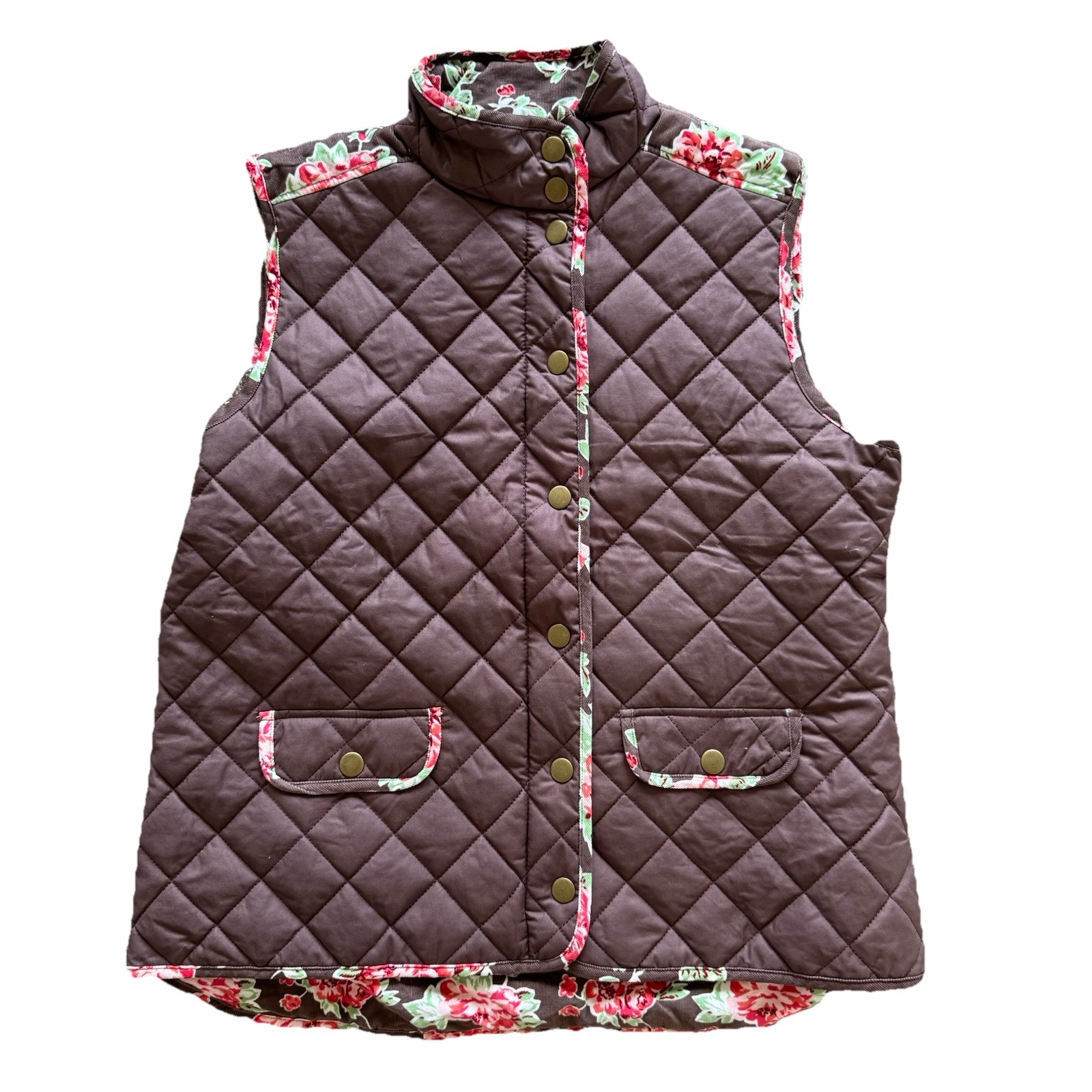Matilda Jane Sydney Reversible Quilted Brown Floral Snap Vest Women Size XL NWT