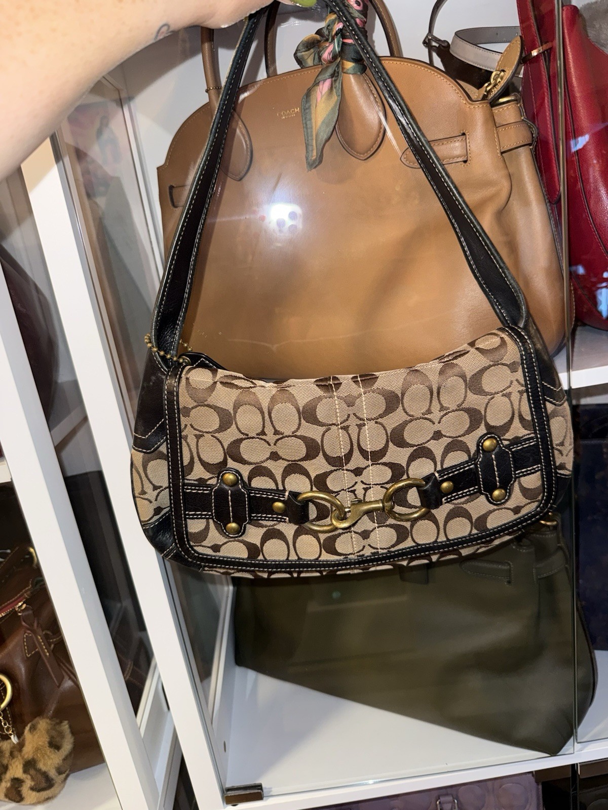 Coach Women’s Signature Logo Shoulder Bag Beige Brown Black Gold Hardware Tag
