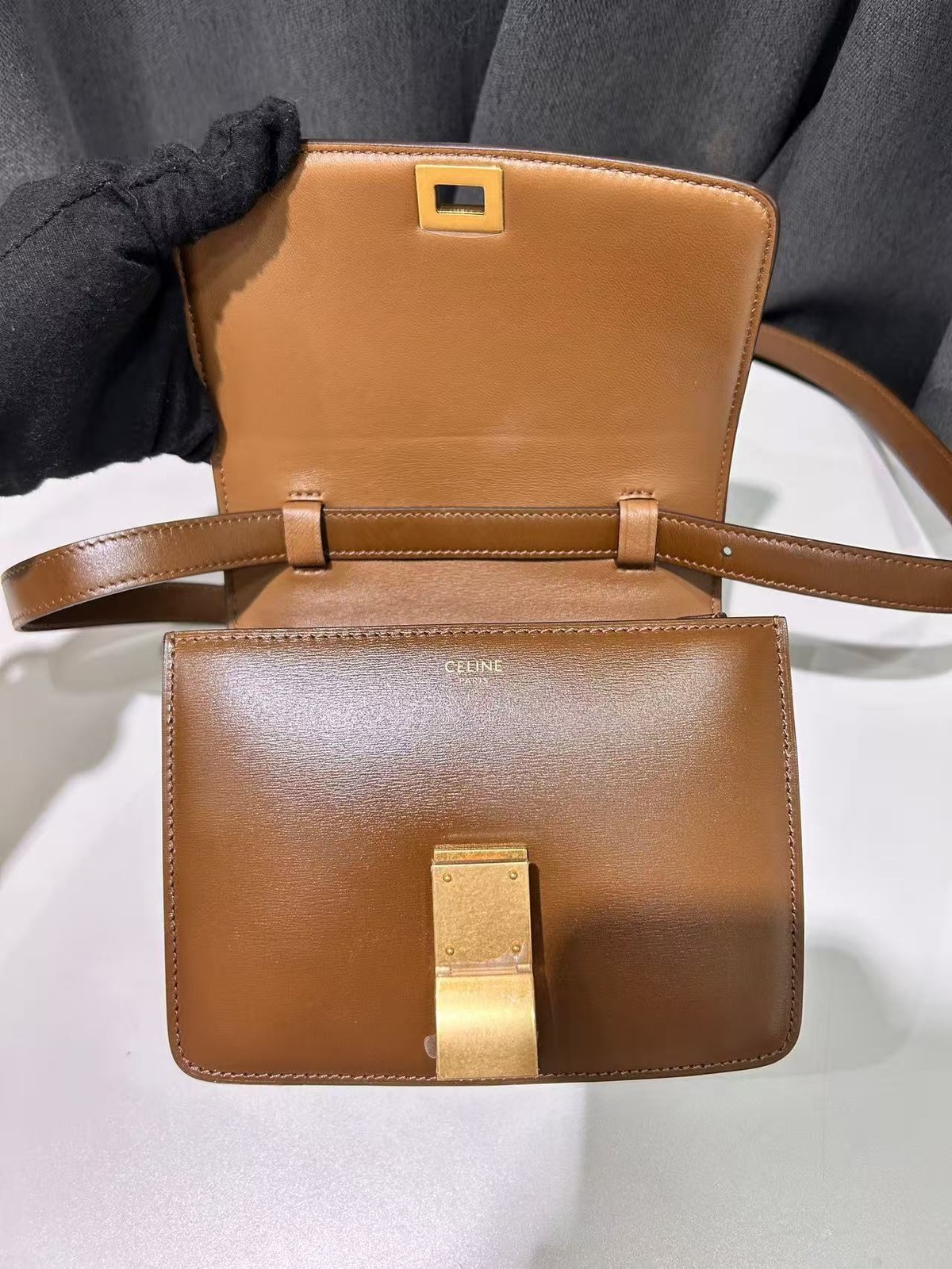 Celine Caramel Brown Leather Box Shoulder Bag Made in France