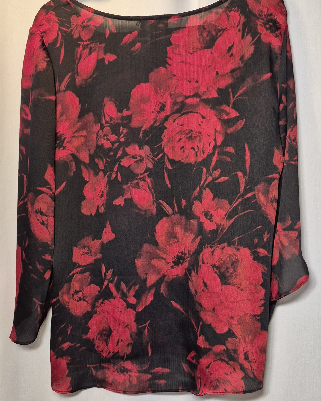 ALYX Womens Large Black Red Floral Semi Sheer Crinkle Blouse Bell Sleeve Top