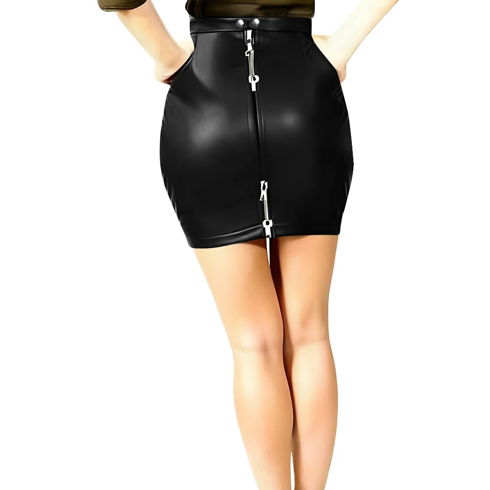 Womens Sexy Tight Miniskirt Lockable Zipper PU Leather Skirts Sheath Short Skirt