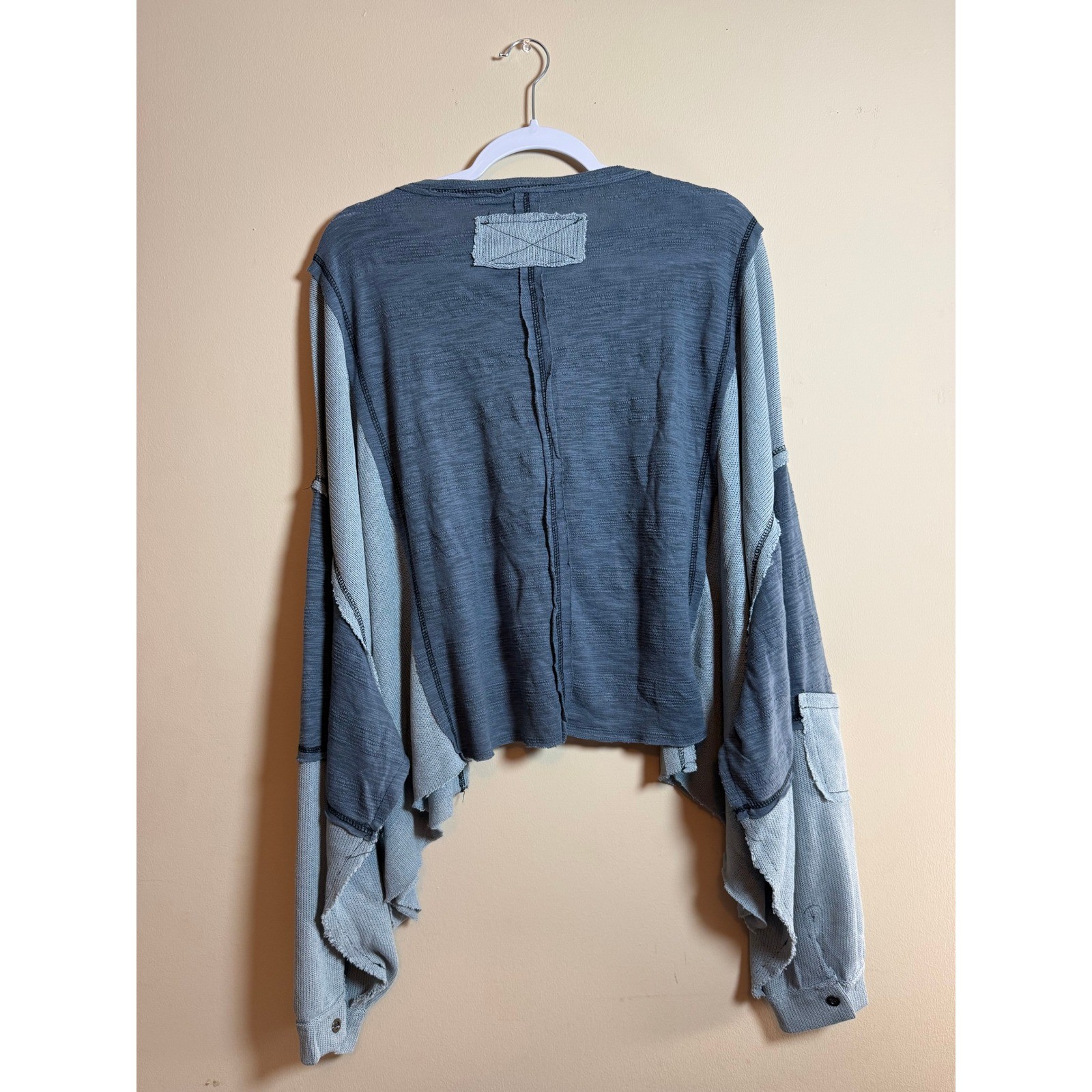 POL Oversized Balloon Sleeve Raw Edge Knit Top Indigo Patchwork Large Boho NEW