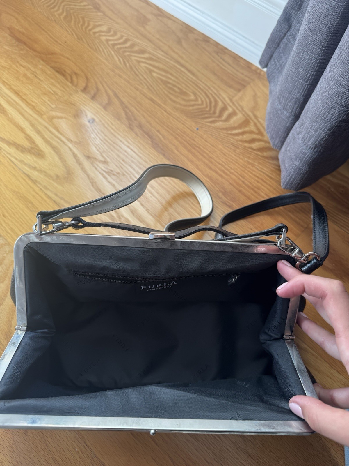 Furla Black/White Small Shoulder Bag Lock Frame Silver Hardware Strap Dust Bag