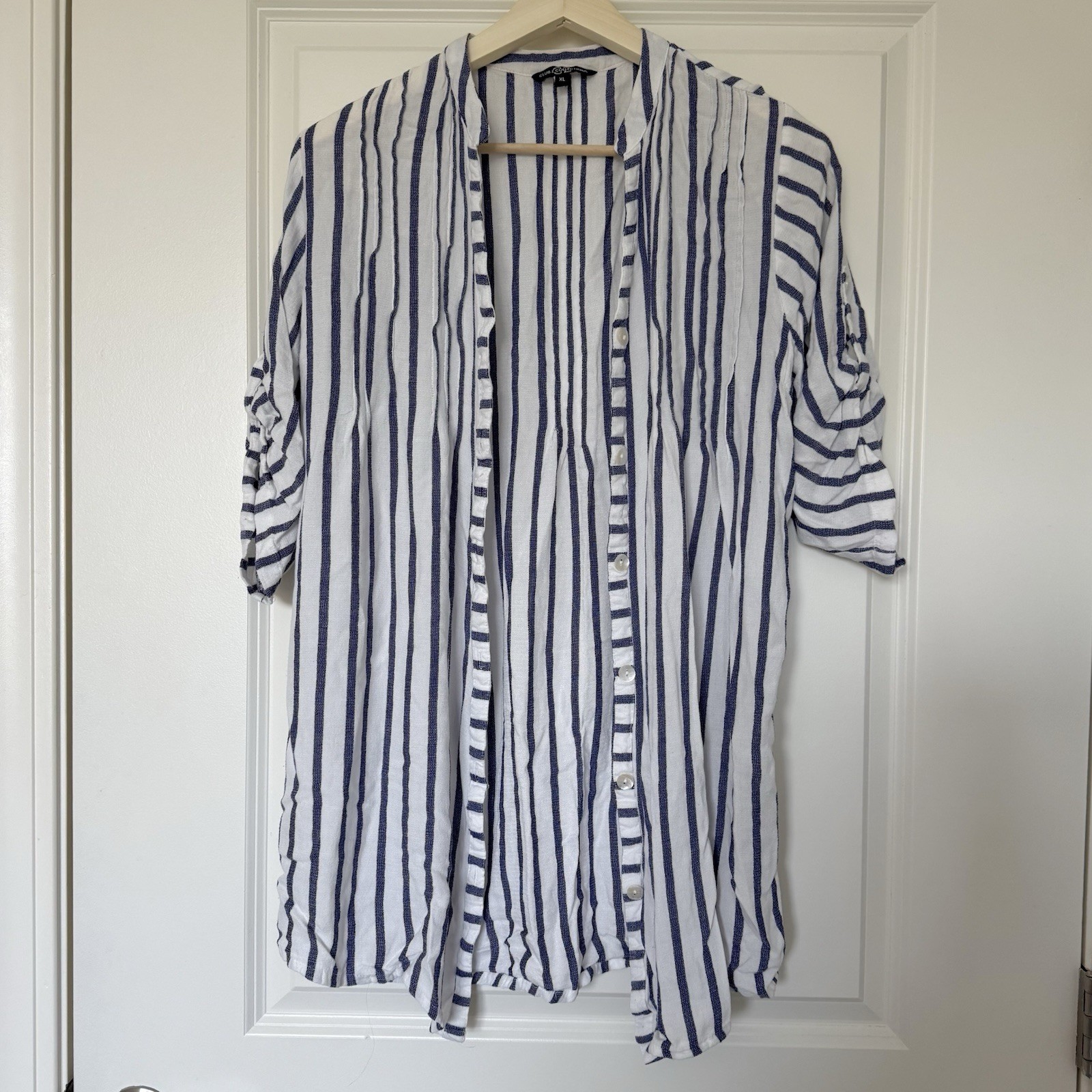 Club Z Collection Striped Tunic Blouse XL Blue White Coastal Beach Linen Look