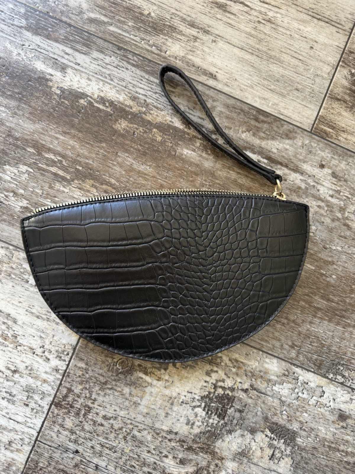 A New Day Zip Closure Half Circle Faux Leather Clutch Handbag Purse Black
