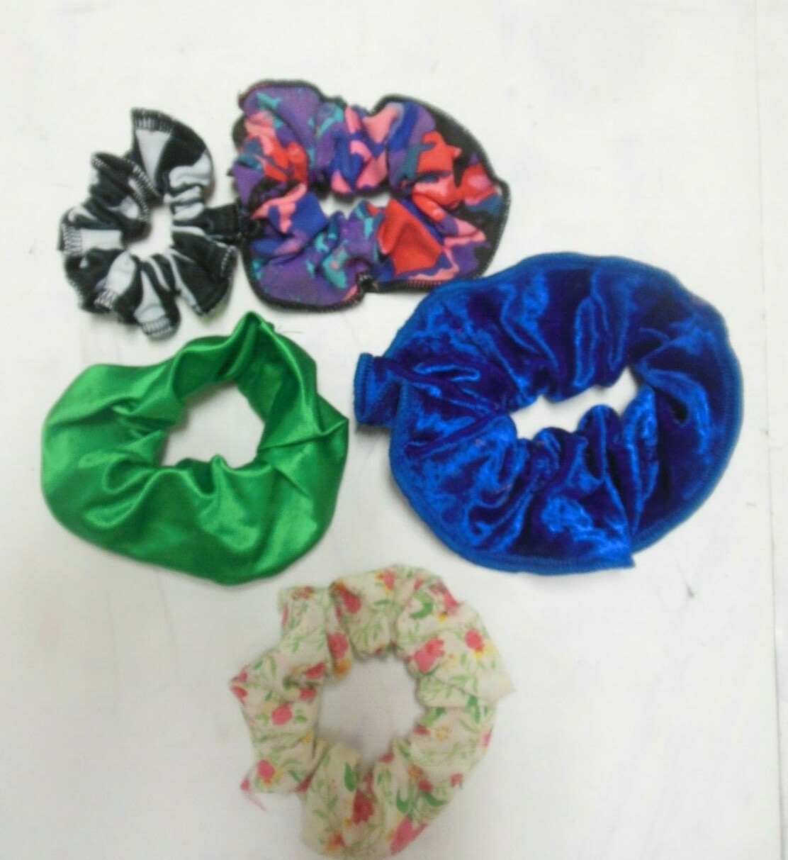 lot of 5 scrunchies Various prints & fabrics adult sizes (or child thick hair)