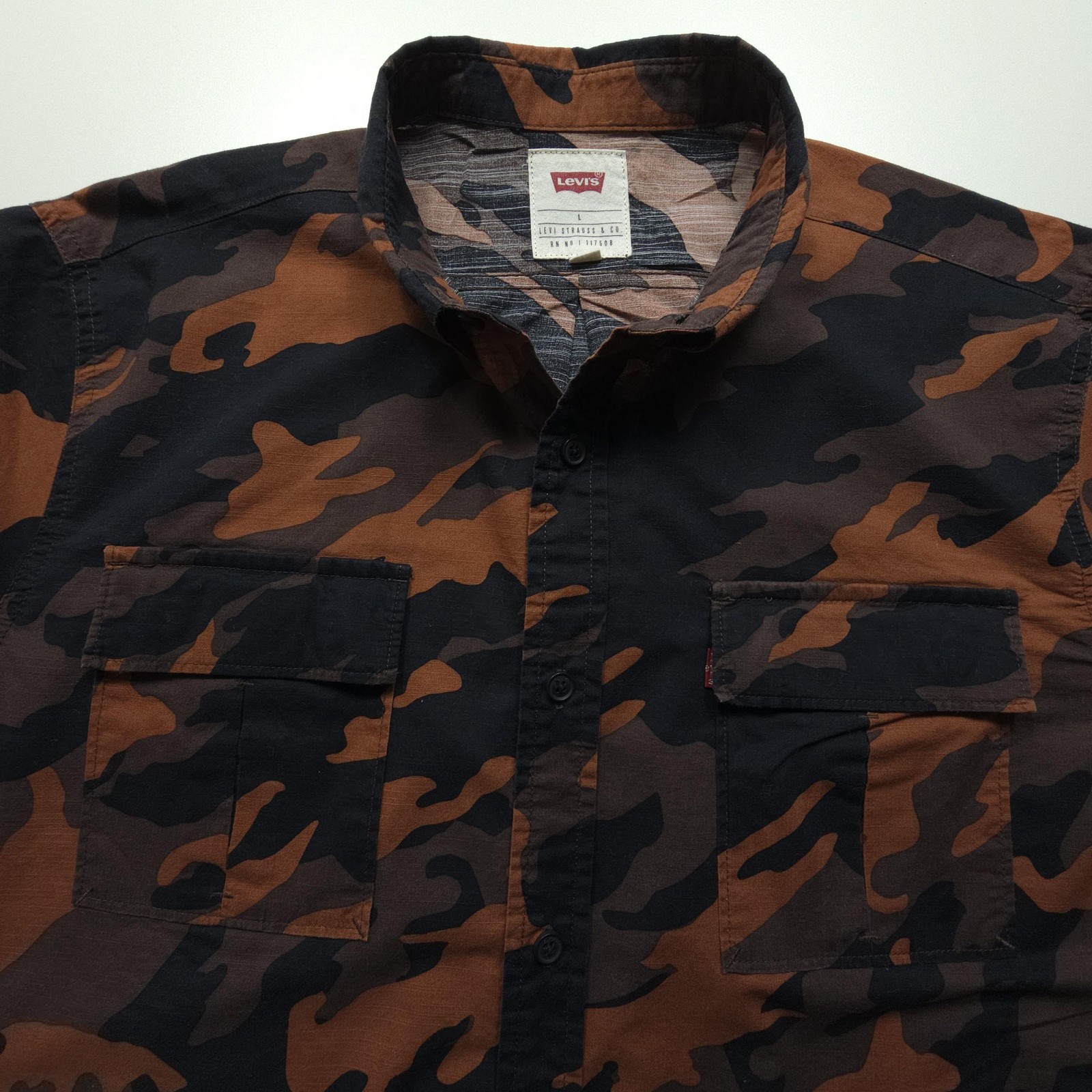 Levis Mens Shirt Large Brown Black Camo Casual Workwear Hide Hunt Outdoors Camp
