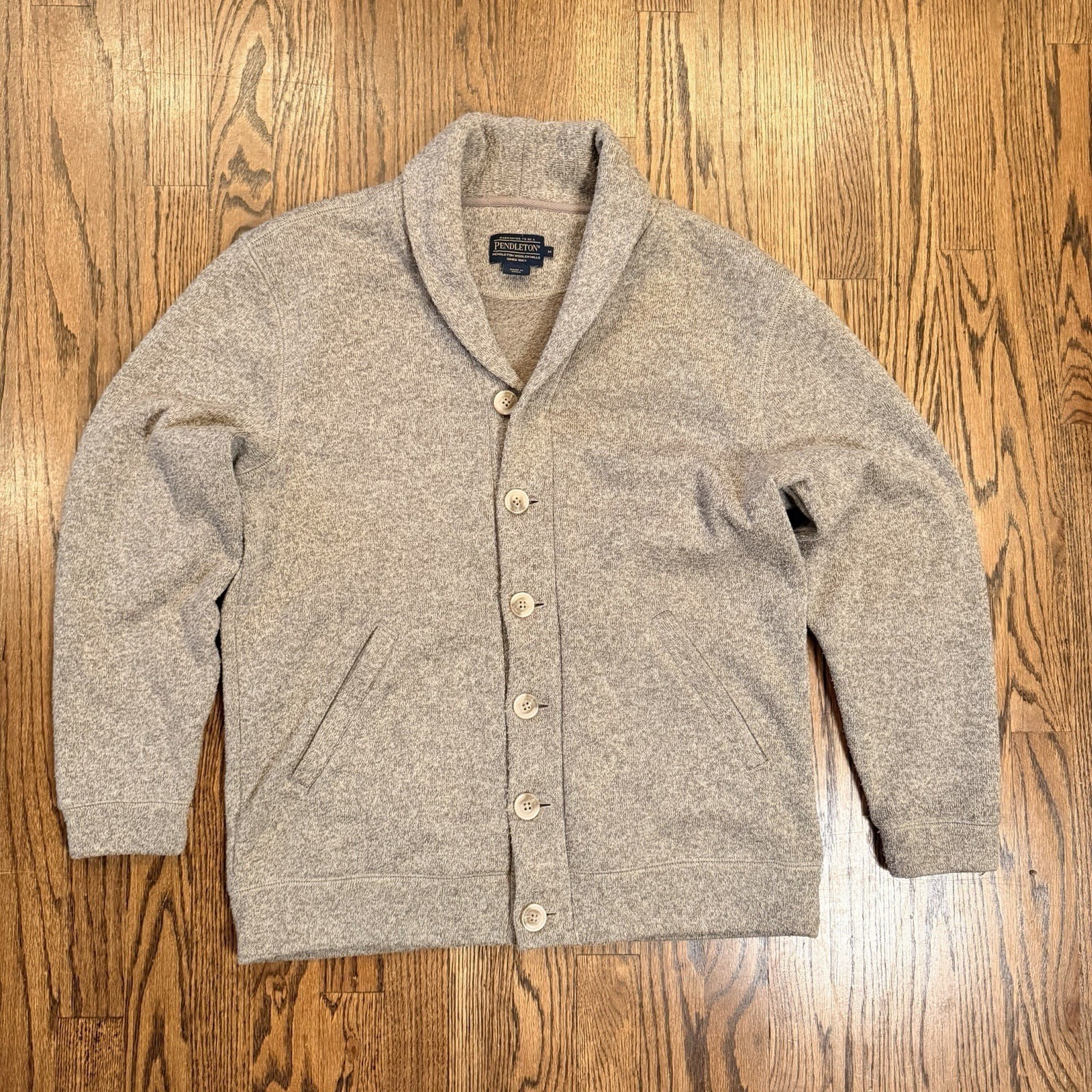 Pendleton Shawl Collar Cardigan Sweater Elbow Patches Medium Oatmeal Tan Grandpa