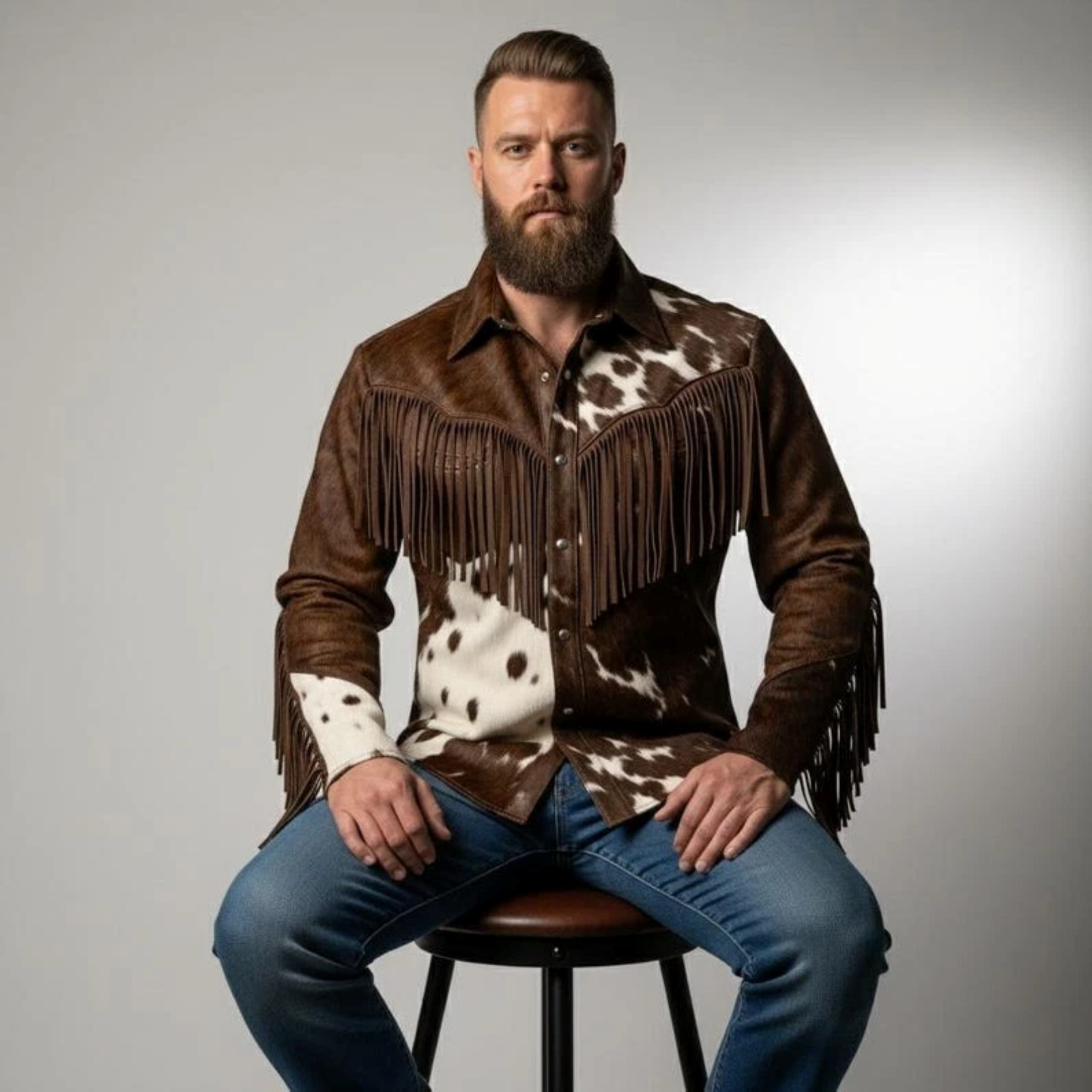 Men’s Western Cowhide Jacket with Hair-on and Cow Print Fringe Detail