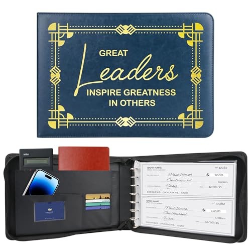 7 Ring Zippered Business Checkbook Binder, Premium PU Leather Blue-great Leader
