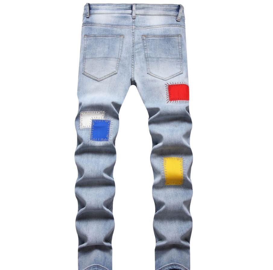 Men’s Light Blue Straight Leg Casual Pants Denim Jeans Trousers Punk Hip Hop
