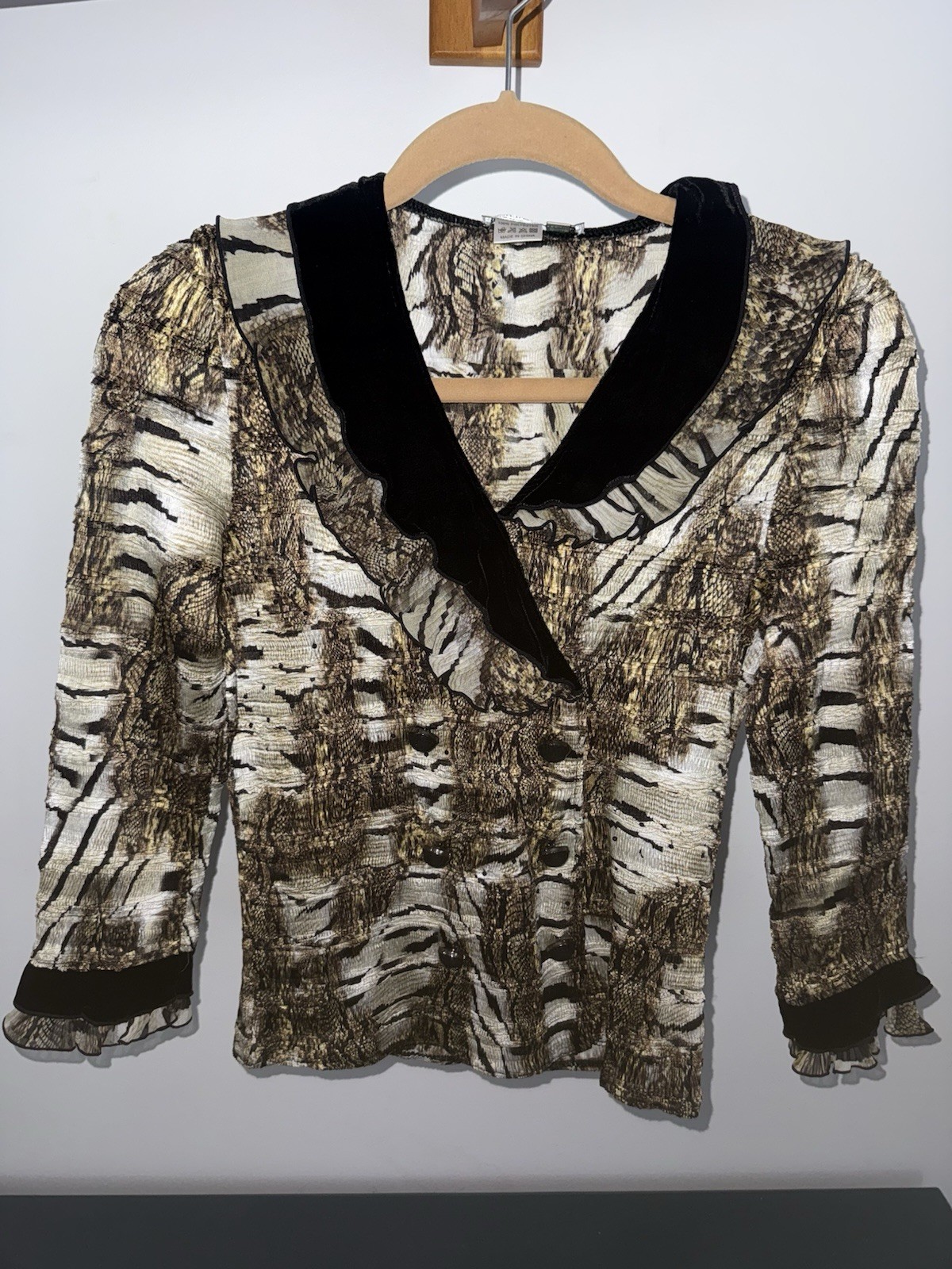 Vintage Alberto Makali Animal Print Button-Front Velvet Trim Blouse Size S