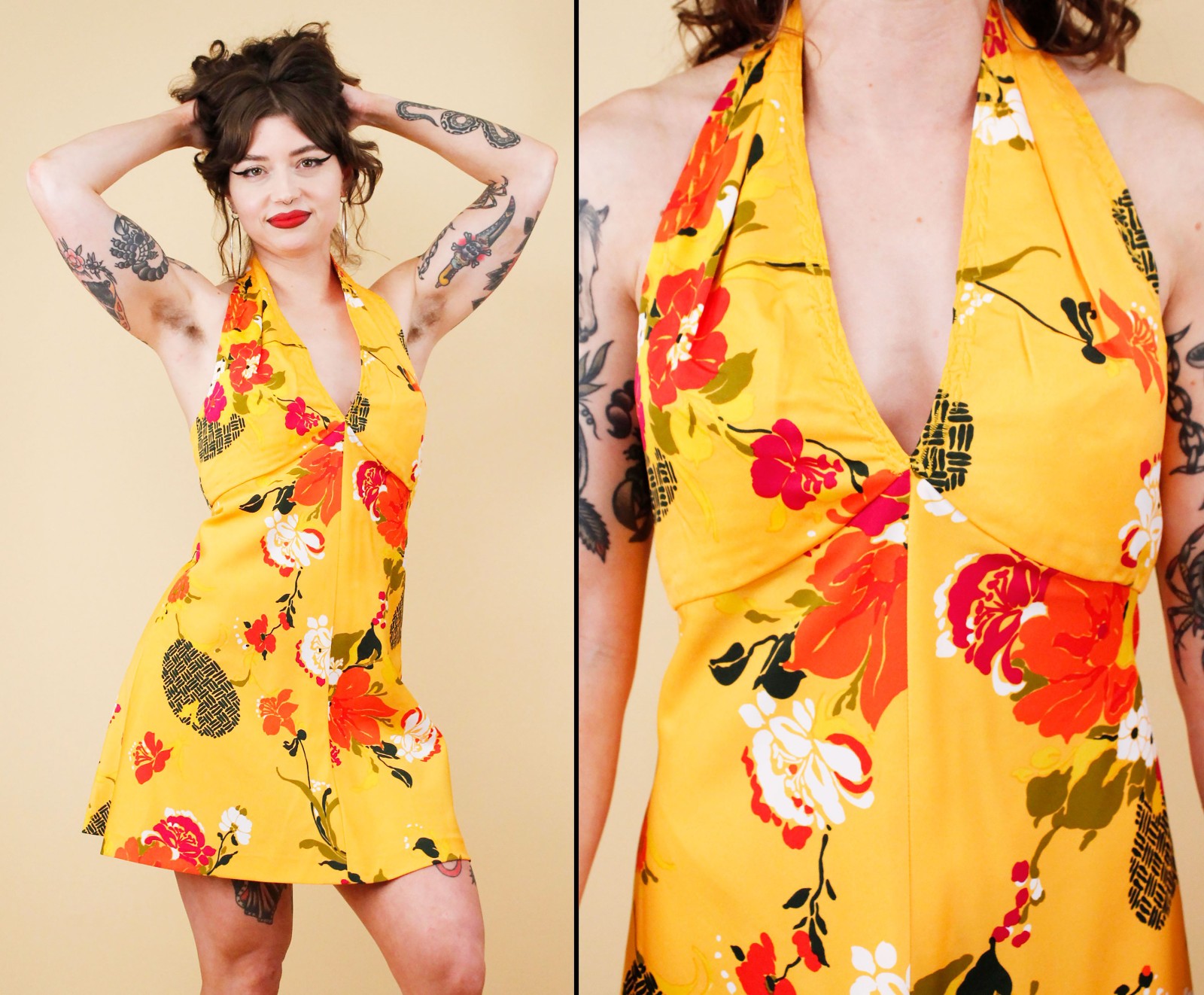 60s 70s Vtg Yellow Floral Micro Mini Dress Halter Top Mod Hawaiian Handmade Xs