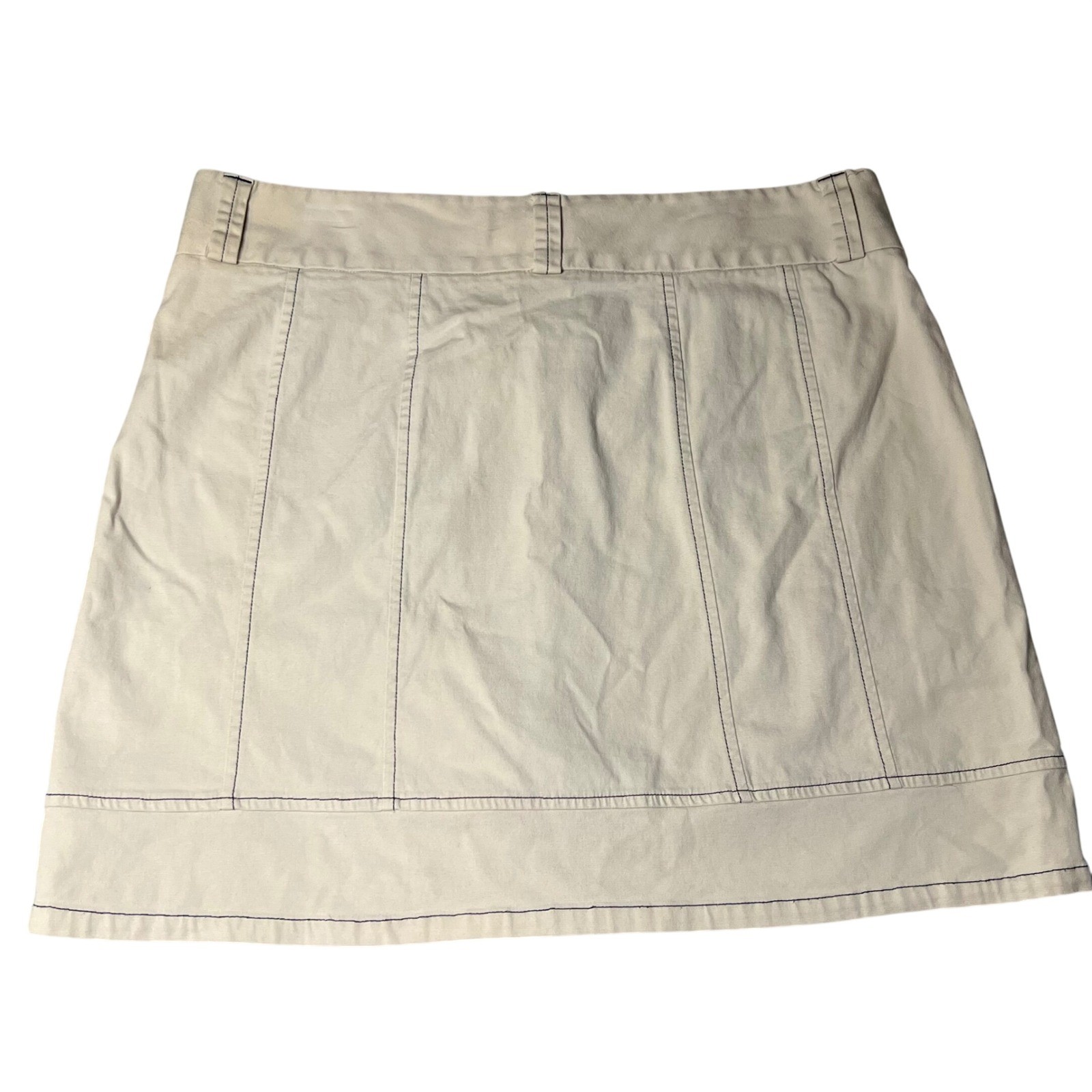 LL Bean Khaki Tan Canvas Button Front Mini Skirt Navy Contrast Stitching 16 Reg