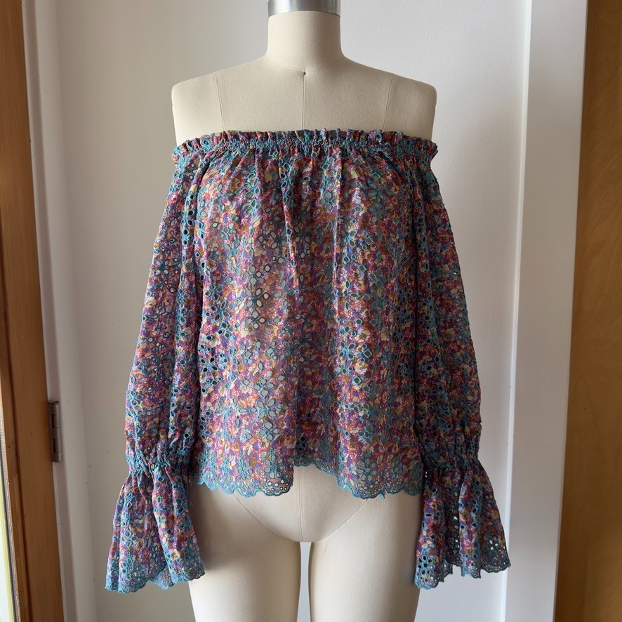 RAMY BROOK Oakleigh Floral Eyelet Lace Cold Shouler Boho Blouse Lg Sl Top-Sz S/P