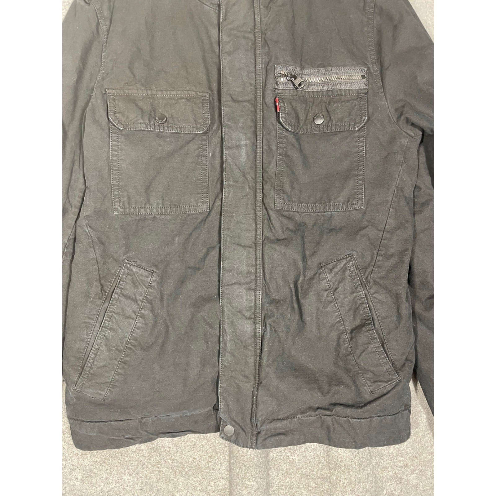 Levis Mens Military Field Jacket Black Cotton Canvas Quilted Utility Coat Small