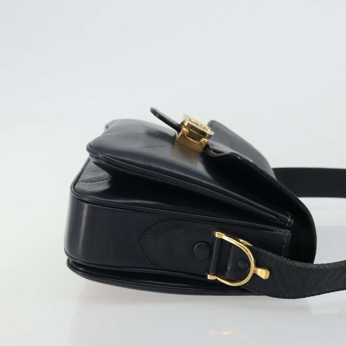 CELINE Horse Carriage Shoulder Bag Leather Navy Gold Auth YKZ1109