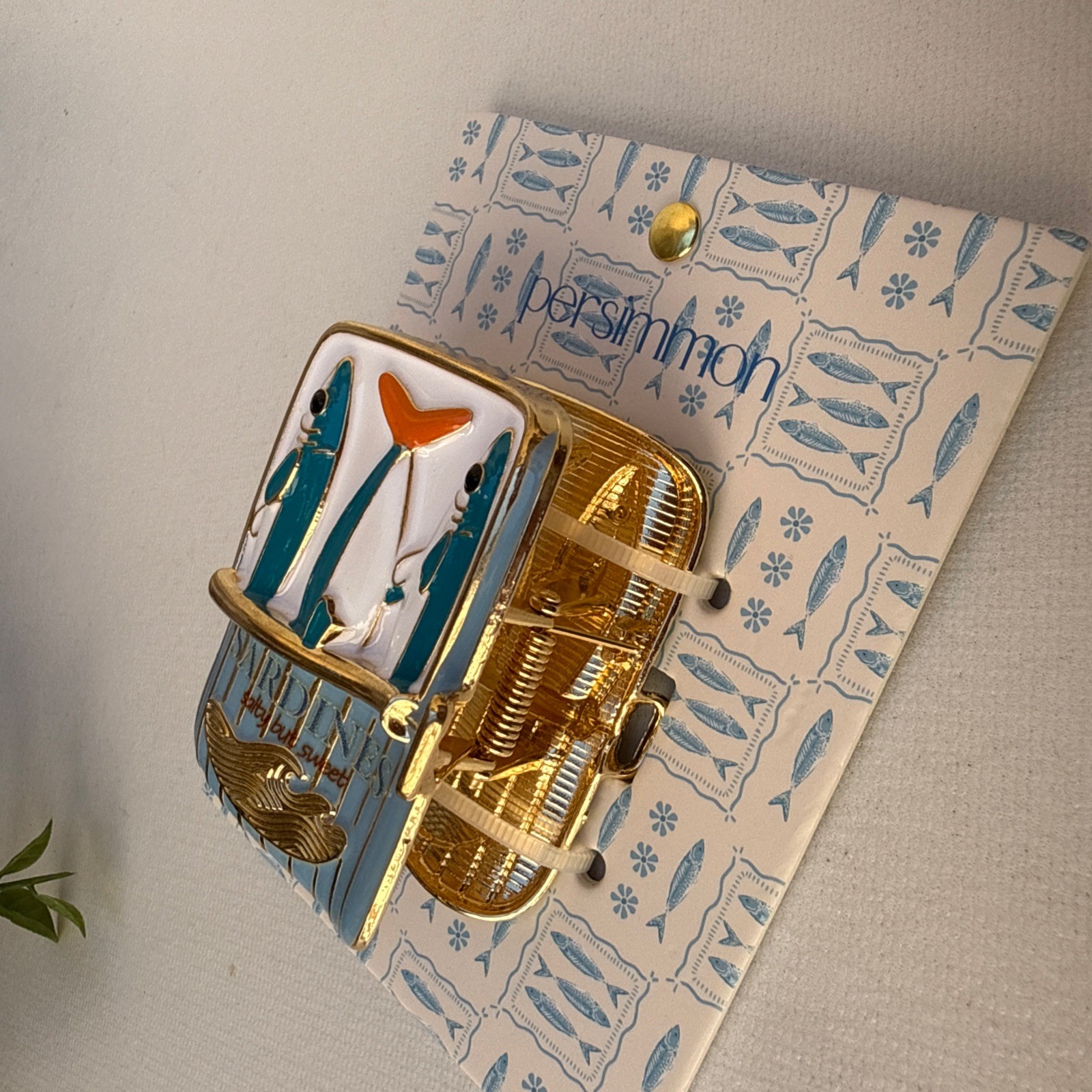 Persimmon Sardines Enamel Pin Brooch Salty But Sweet Fish Tin Gold Tone New