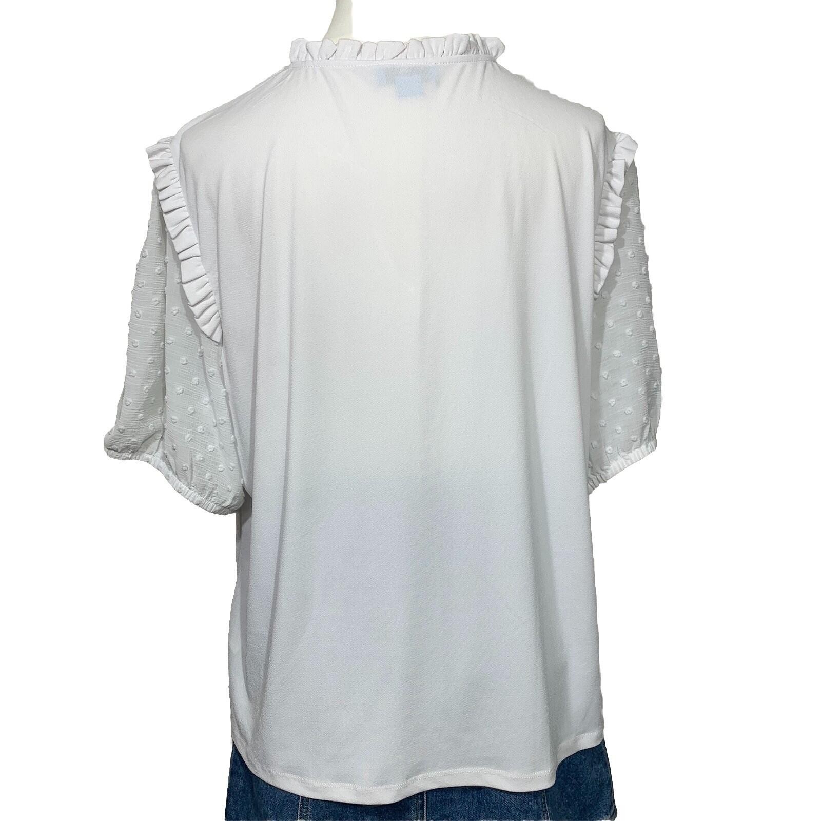 CeCe Blouse Womens XL White Swiss Dot Puff Sleeve Ruffle Smocked Mixed Media