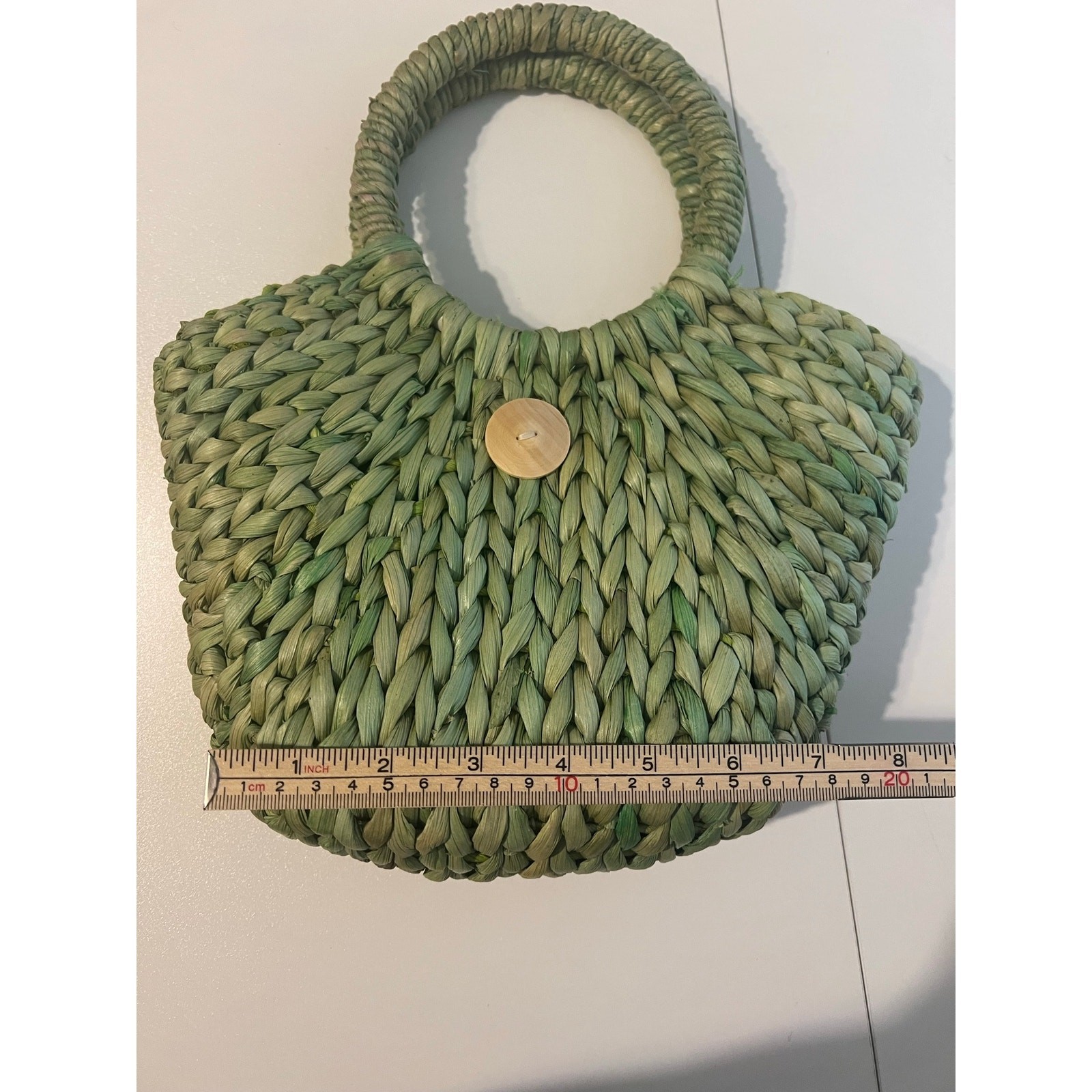 SUN ‘N’ SAND |Thick Woven Green Straw Tote One Wooden Button Circular Handles