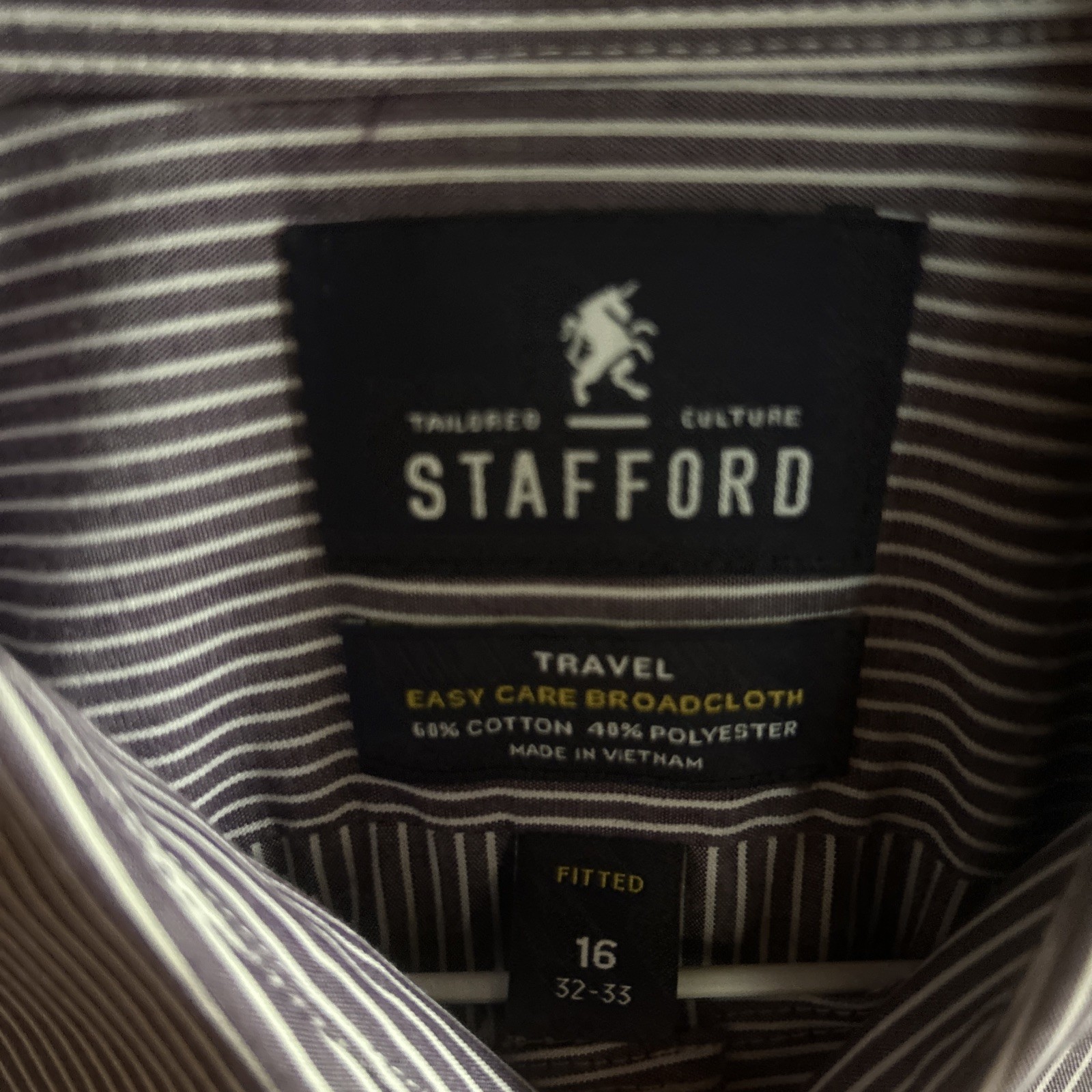 Stafford Travel Easy Care Purple Stripe Broadcloth Long Sleeve Size 16 32/33 EUC