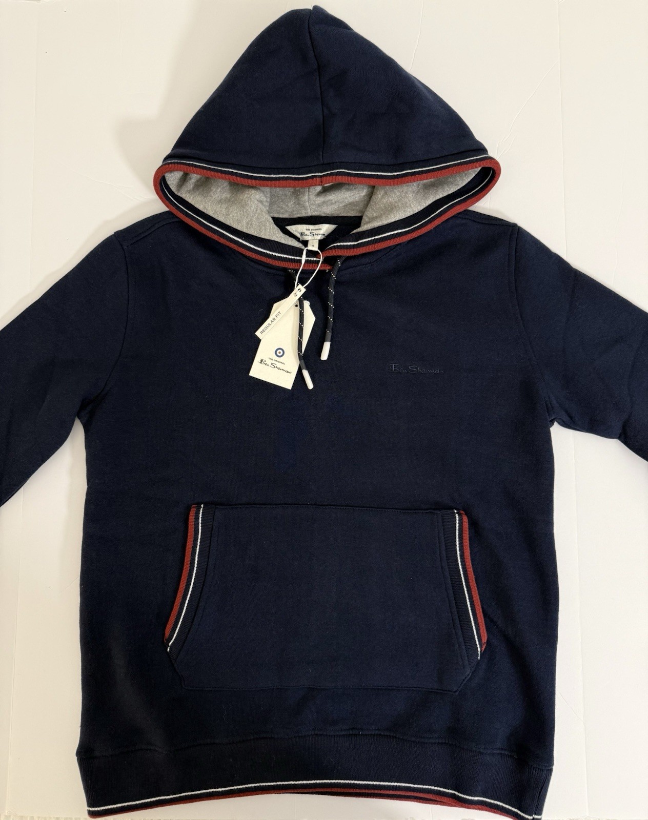 Ben Sherman Navy Hooded Pullover Sweater Red White Trim Men’s Small NWT
