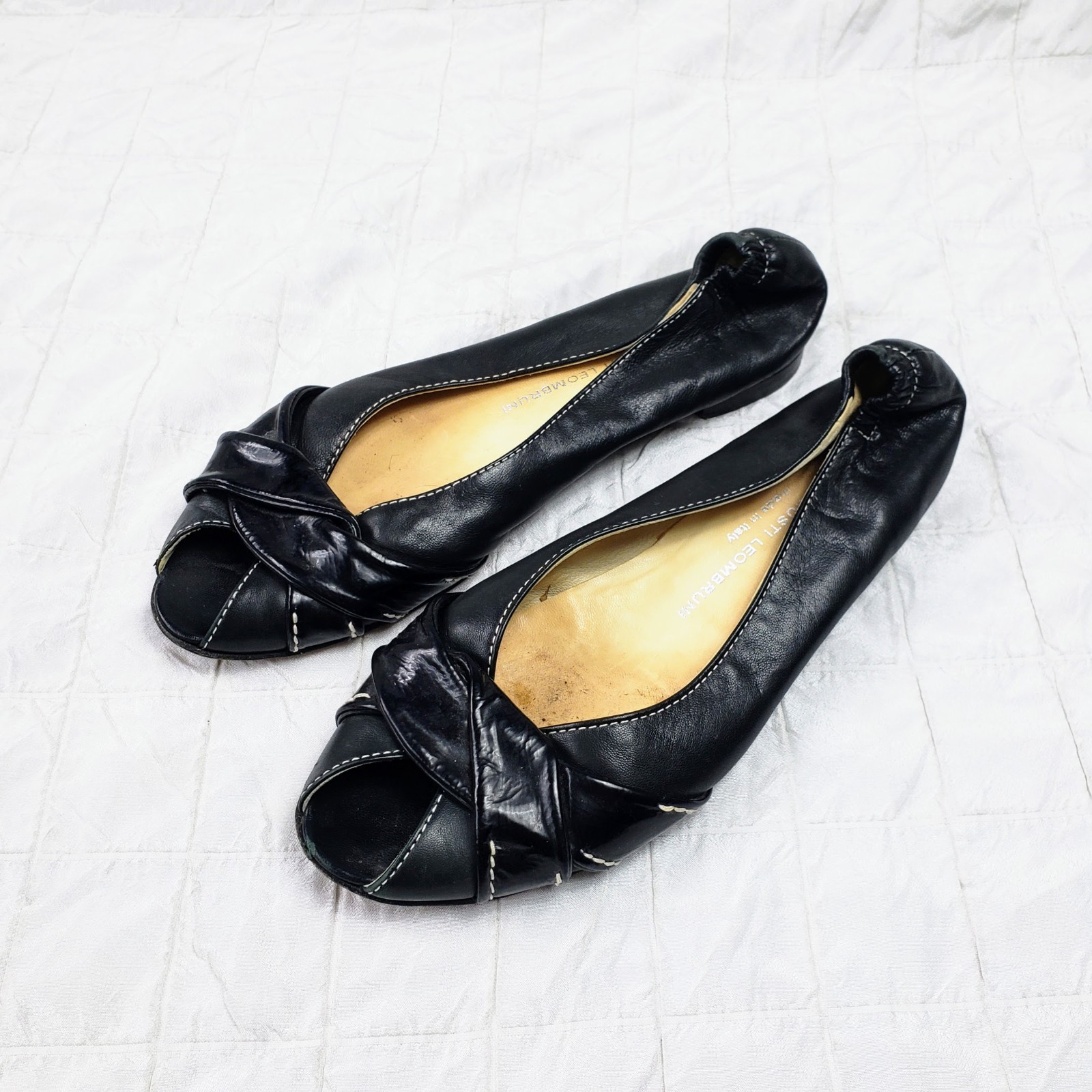AGL Attilio Giusti Leombruni Peep Toe Ballet Flats Black Leather EU 39 SIZE 8.5