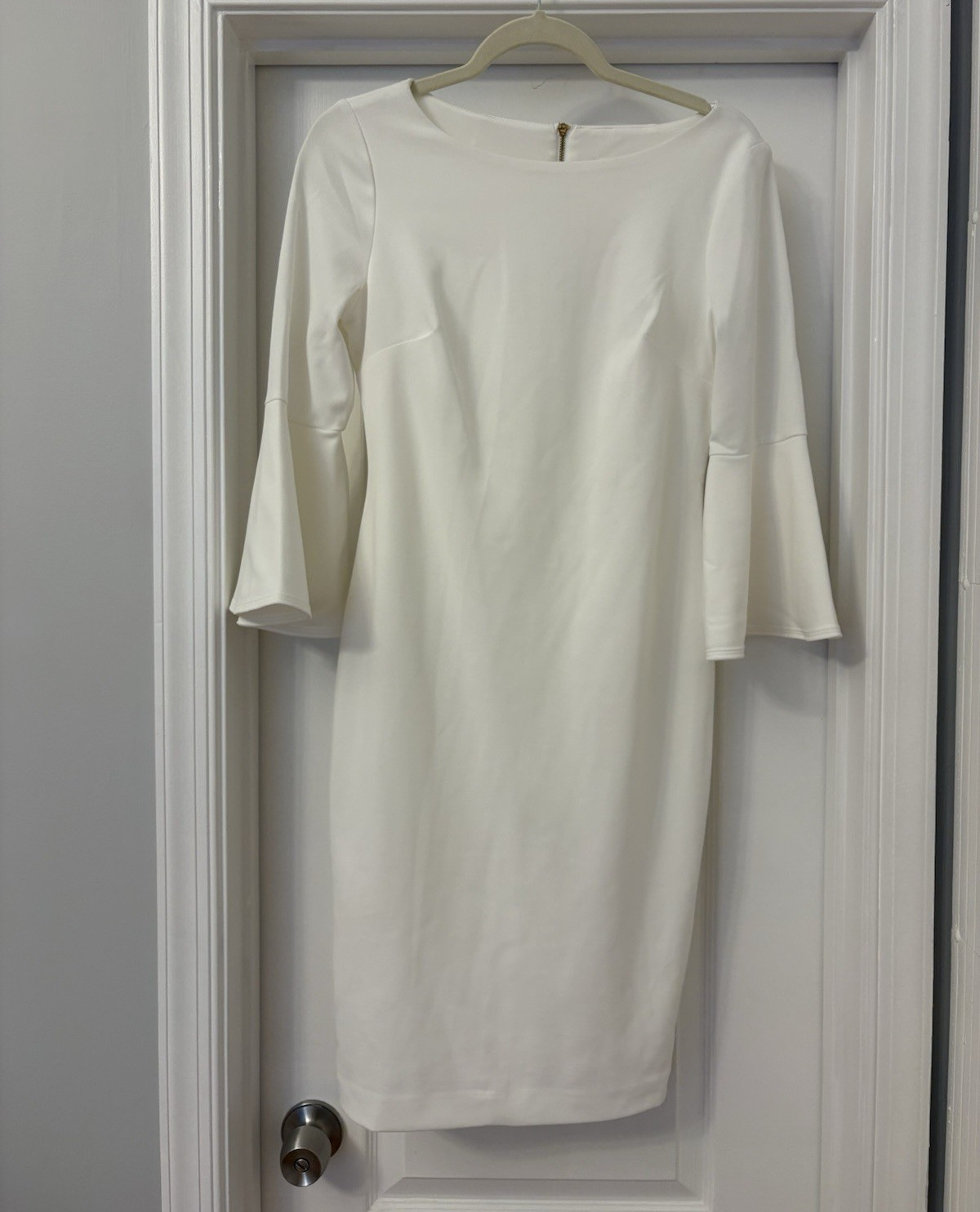 Calvin Klein White Solid Sheath Dress Round Neck Bell 3/4 Sleeve Zip, 2